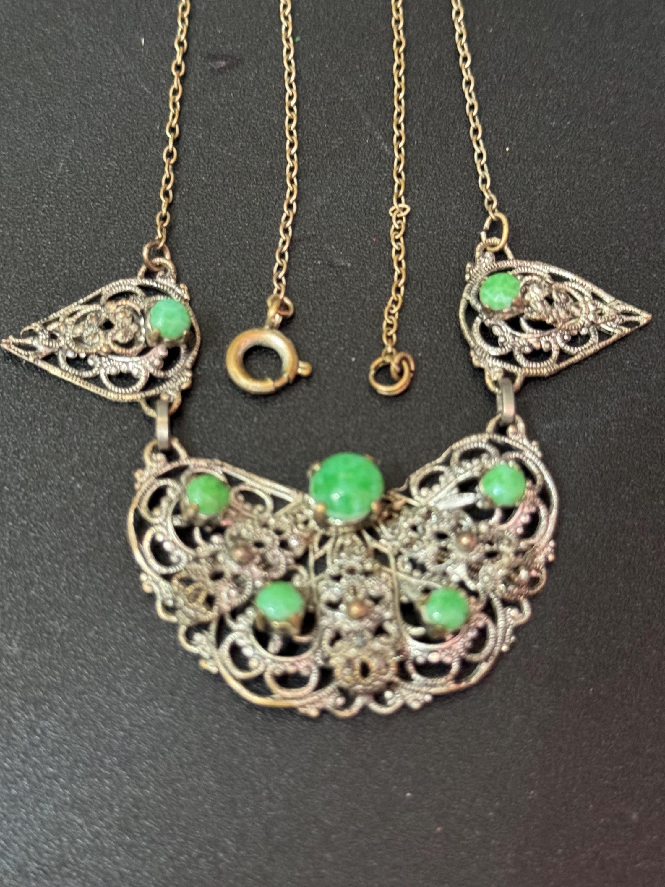 Art Deco czech necklace with green stones silver tone metal filigree