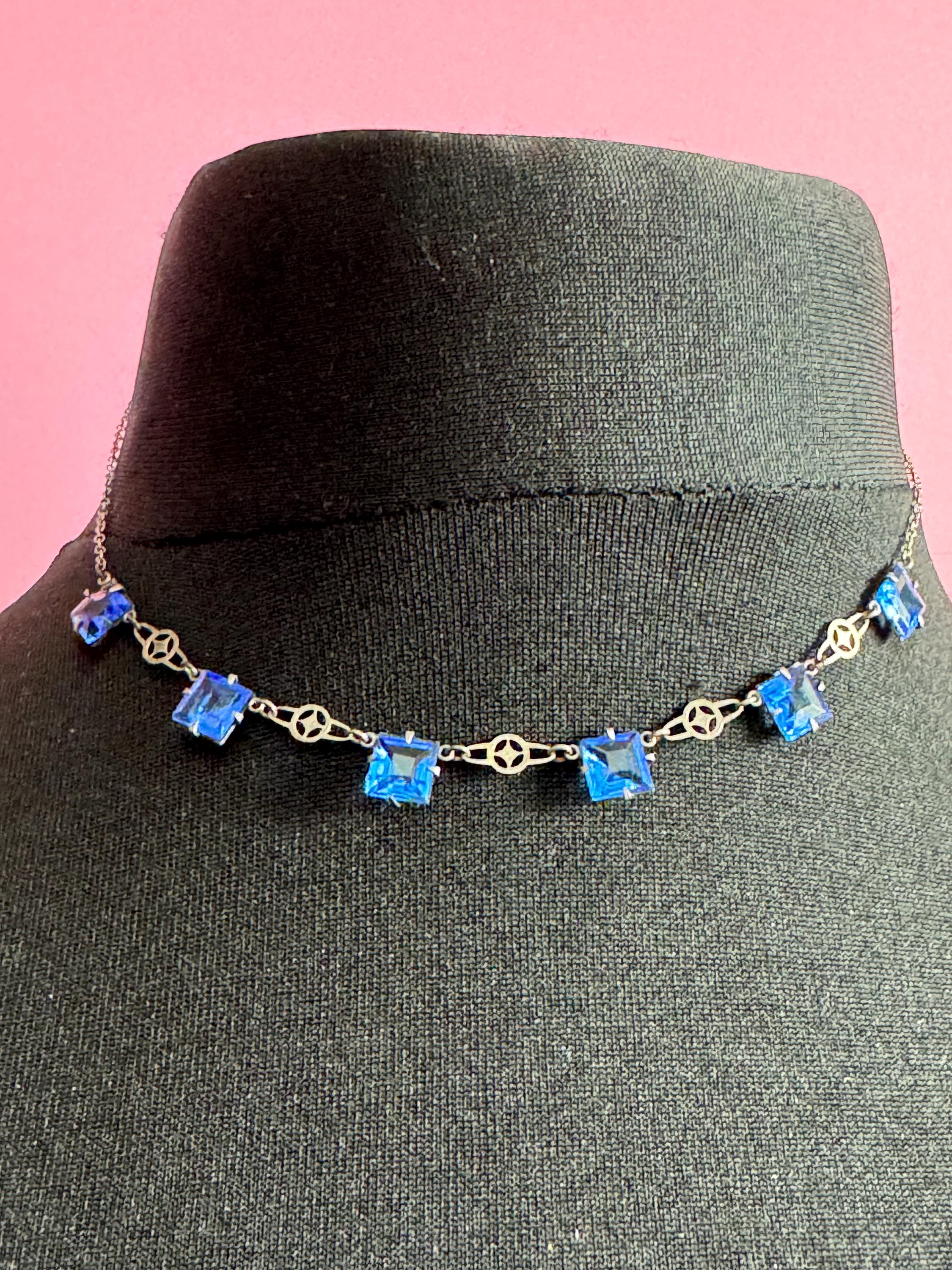 Vintage art deco sapphire blue square open back crystal silver tone necklace