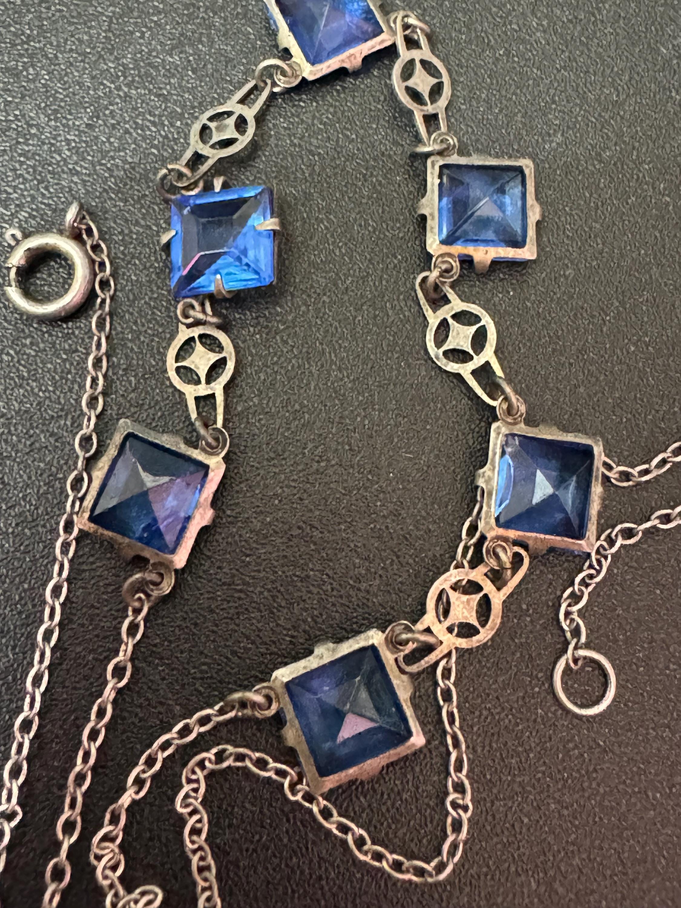 Vintage art deco sapphire blue square open back crystal silver tone necklace