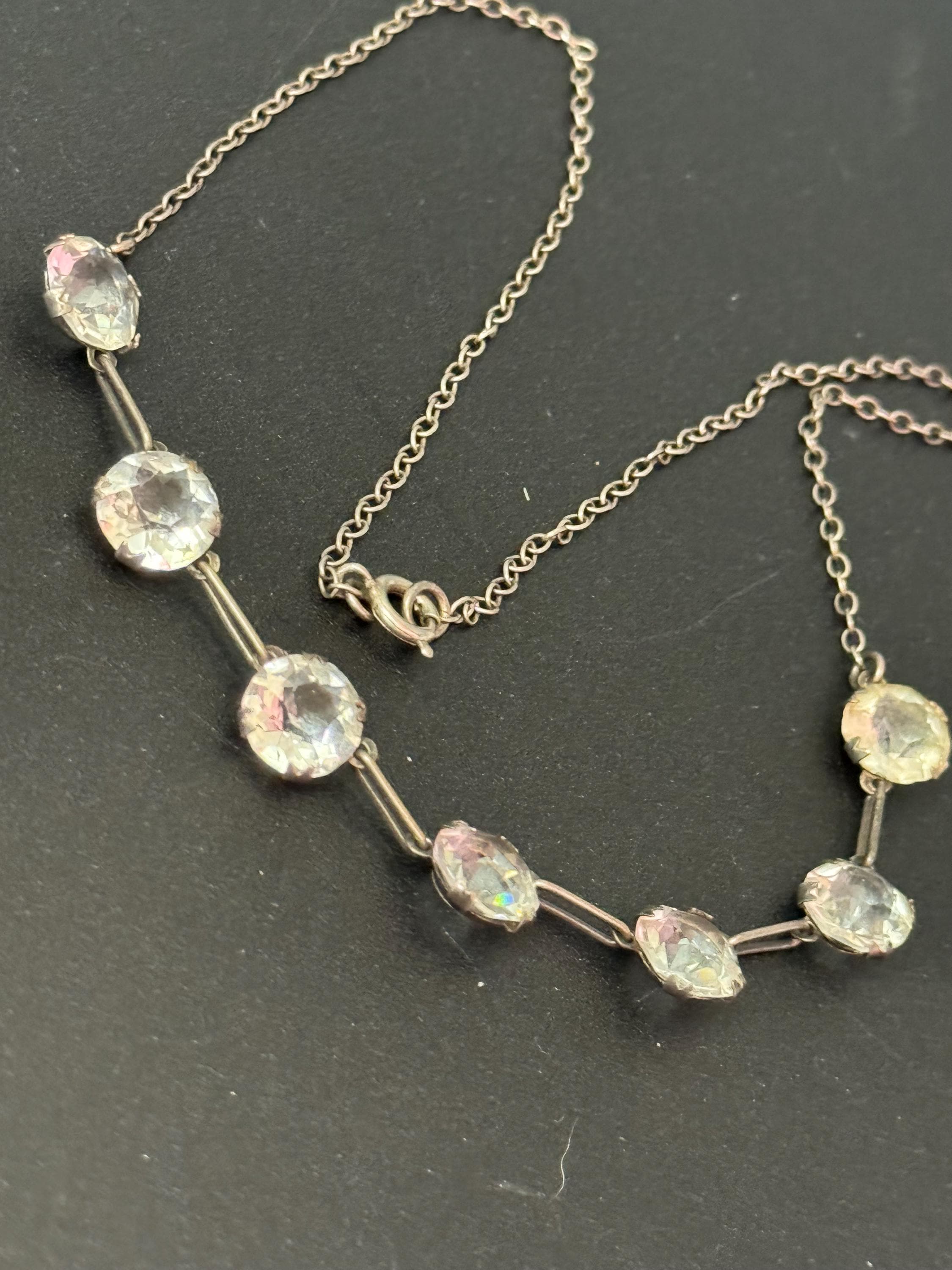 Sterling silver 925 Antique Art Deco czech open back clear crystal glass necklace 1920s 40cm