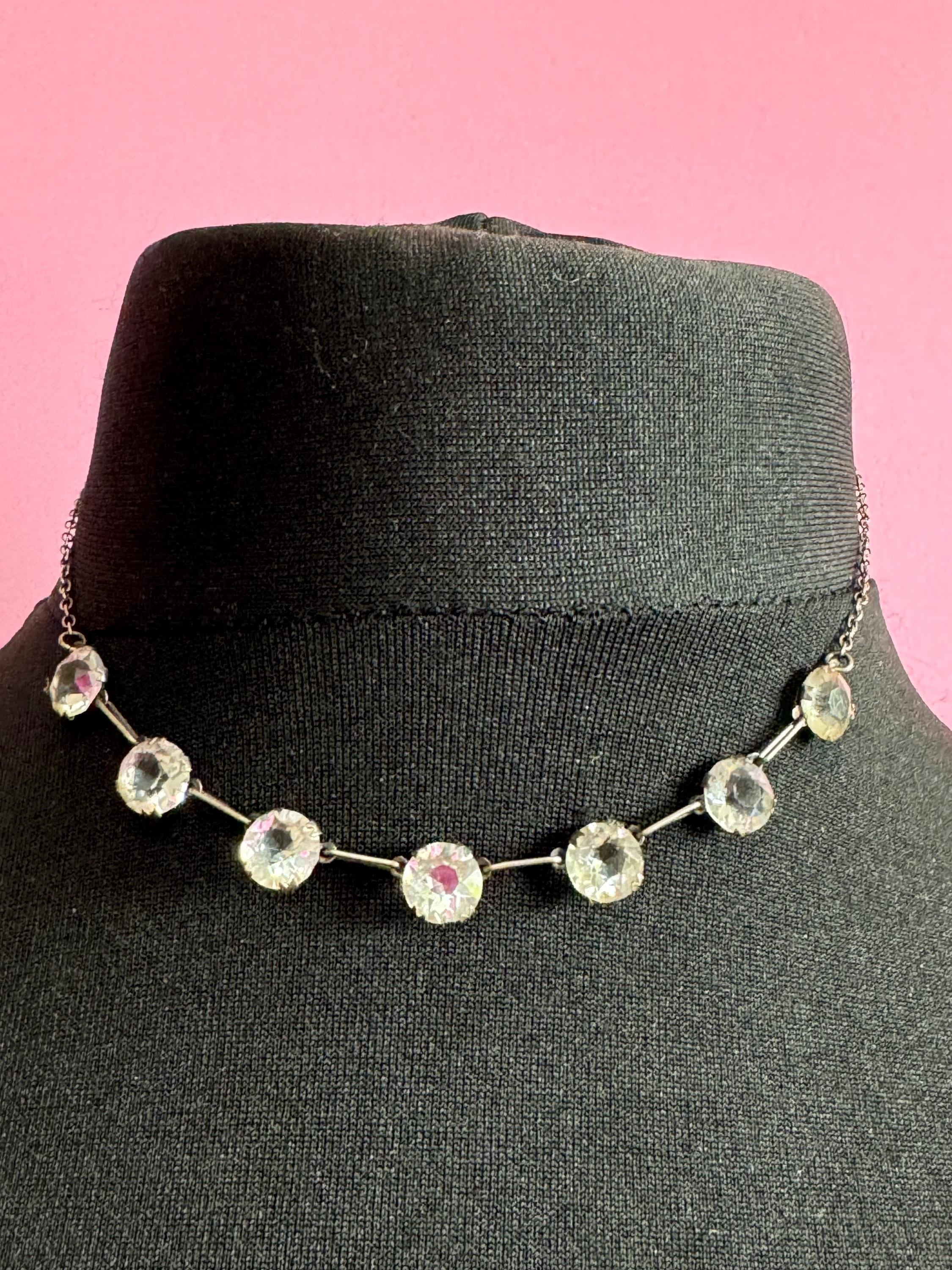 Sterling silver 925 Antique Art Deco czech open back clear crystal glass necklace 1920s 40cm