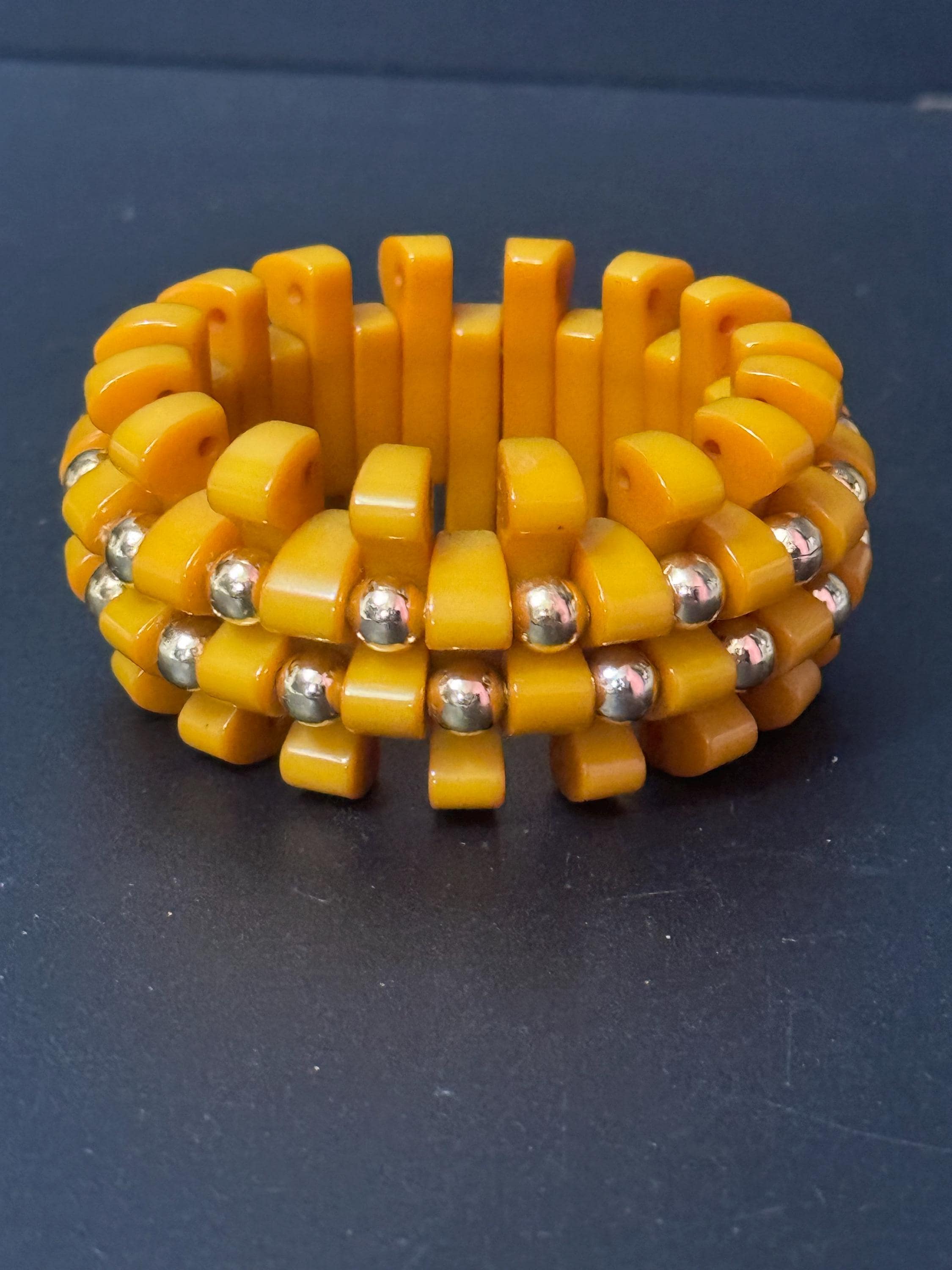 Art Deco Early Plastic Yellow bakelite wide stretch cuff bangle bracelet with gold beads Vintage