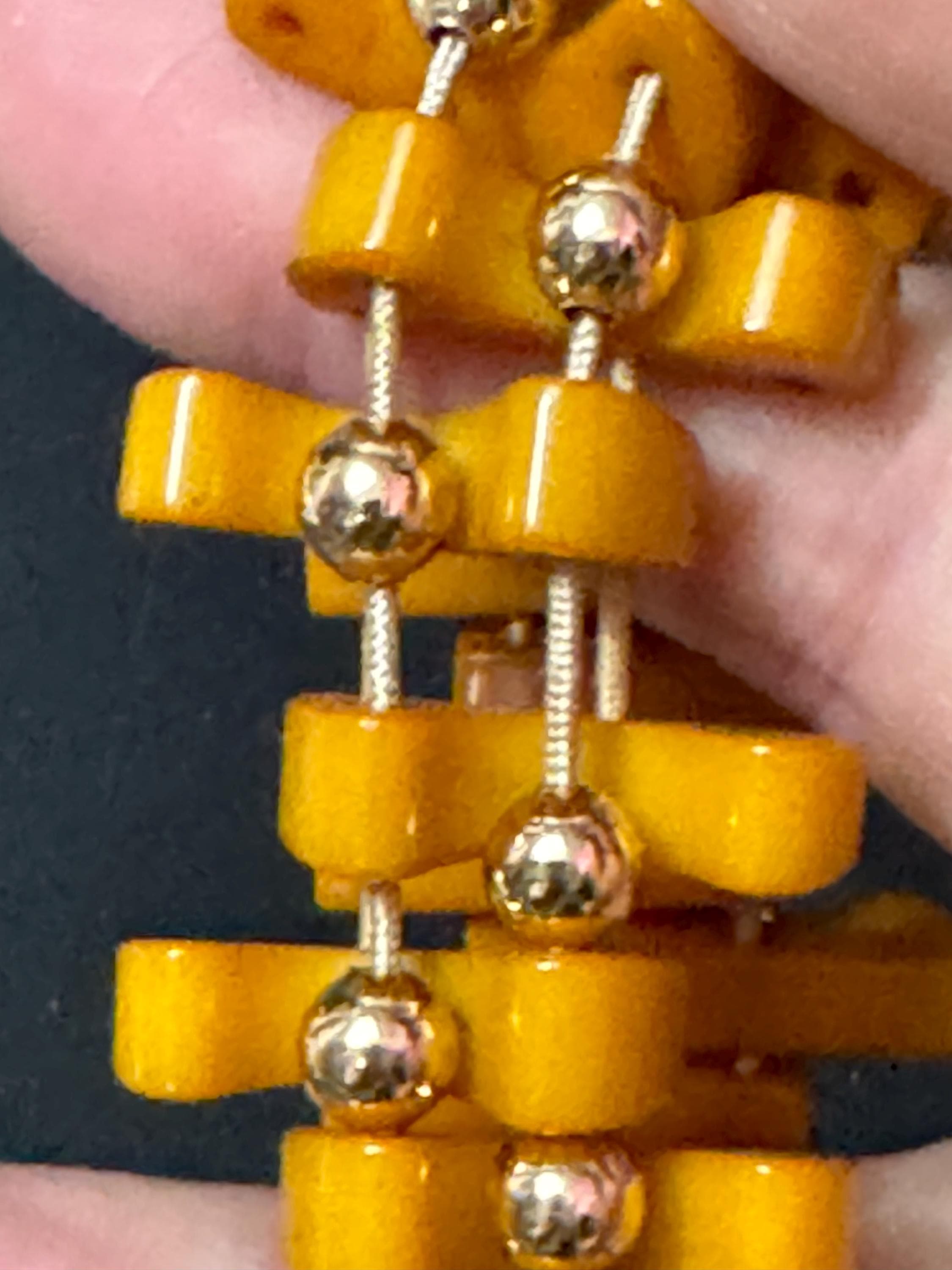 Art Deco Early Plastic Yellow bakelite wide stretch cuff bangle bracelet with gold beads Vintage