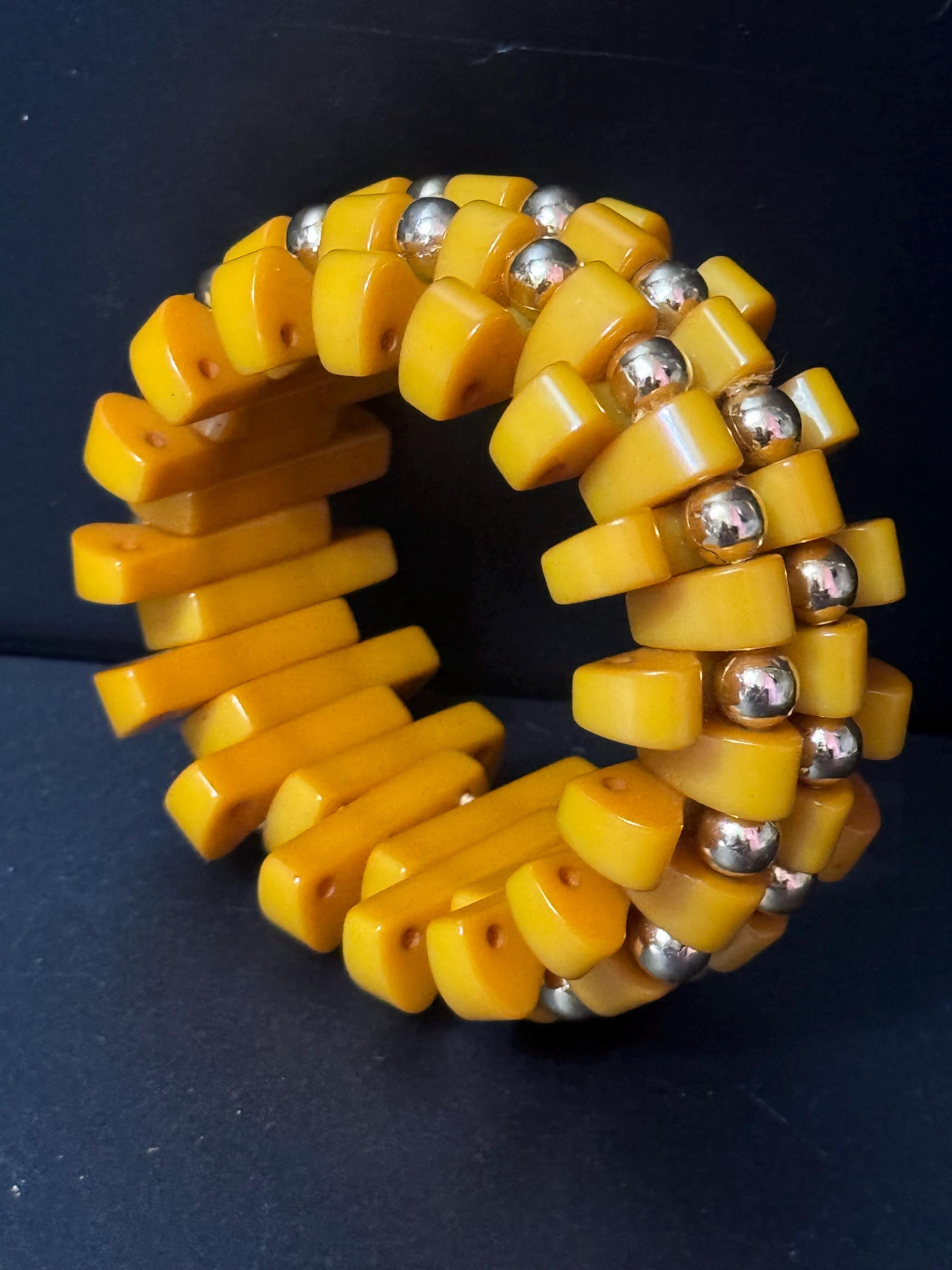 Art Deco Early Plastic Yellow bakelite wide stretch cuff bangle bracelet with gold beads Vintage