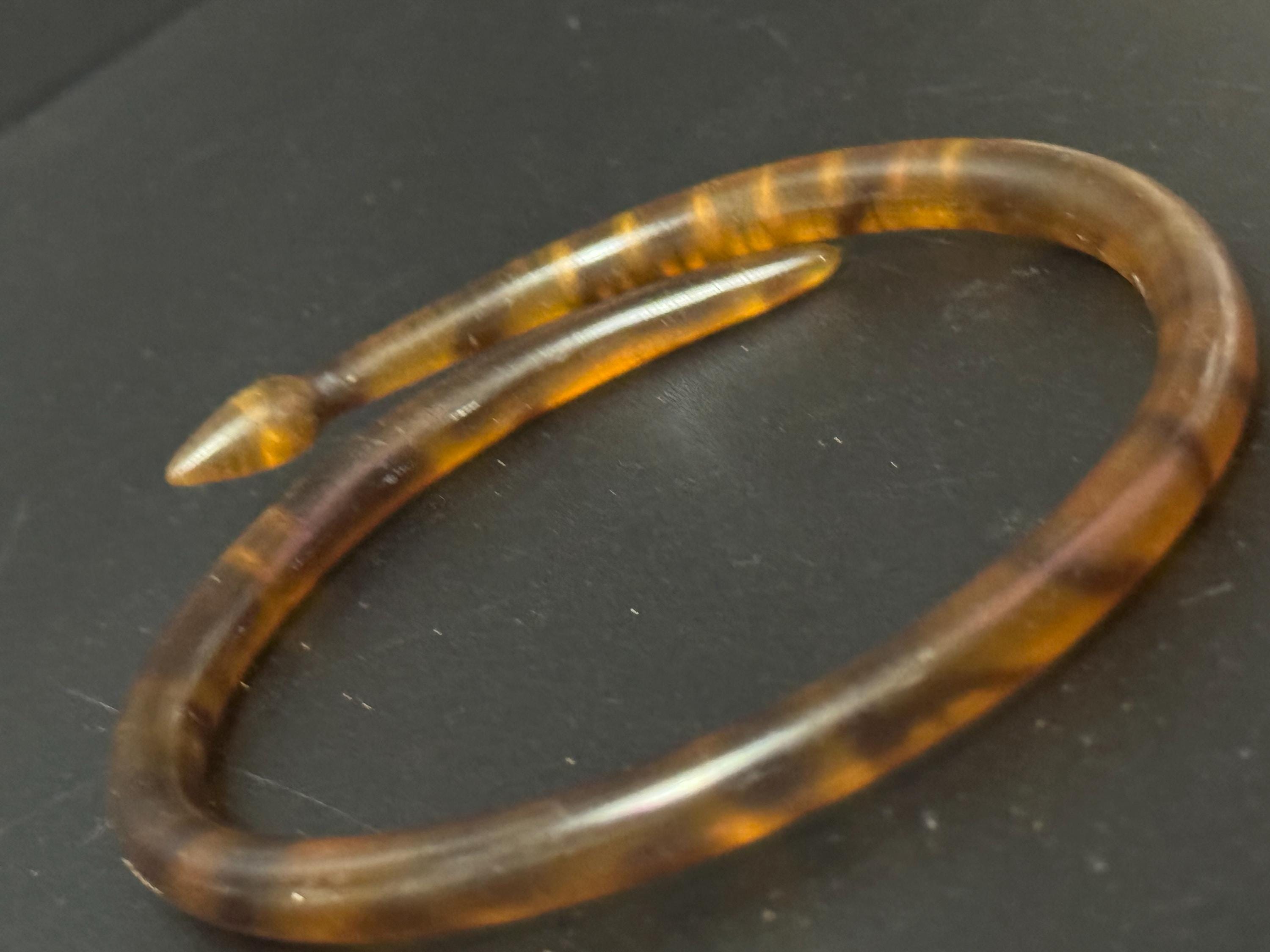 Upper arm Large faux tortoiseshell Celluloid SNAKE wrap bangle Antique Art Deco pique work and clear paste