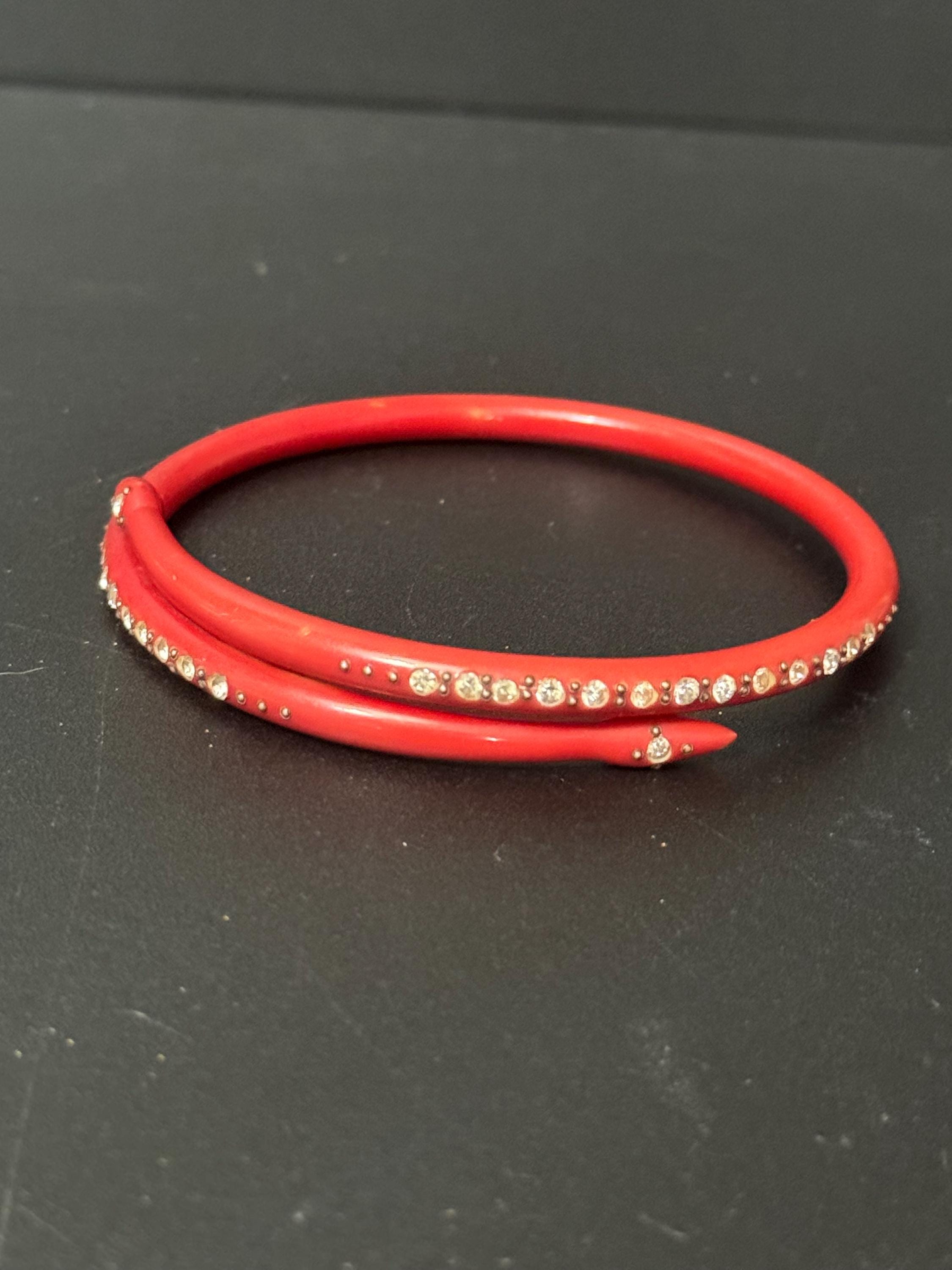 Antique Art Deco Galalith red Early Plastic Celluloid SNAKE wrap bangle bracelet with inset diamanté pique work