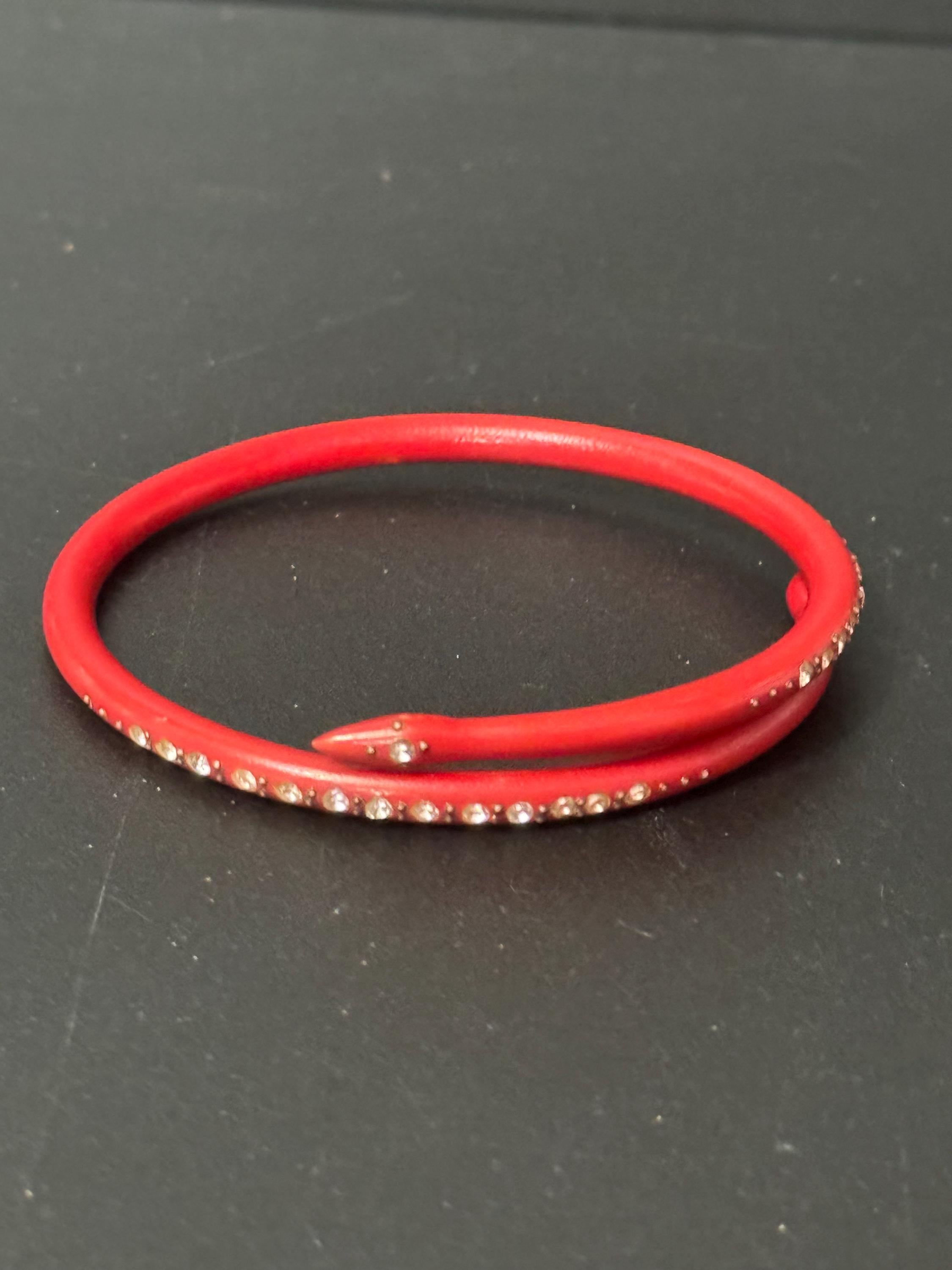 Antique Art Deco Galalith red Early Plastic Celluloid SNAKE wrap bangle bracelet with inset diamanté pique work