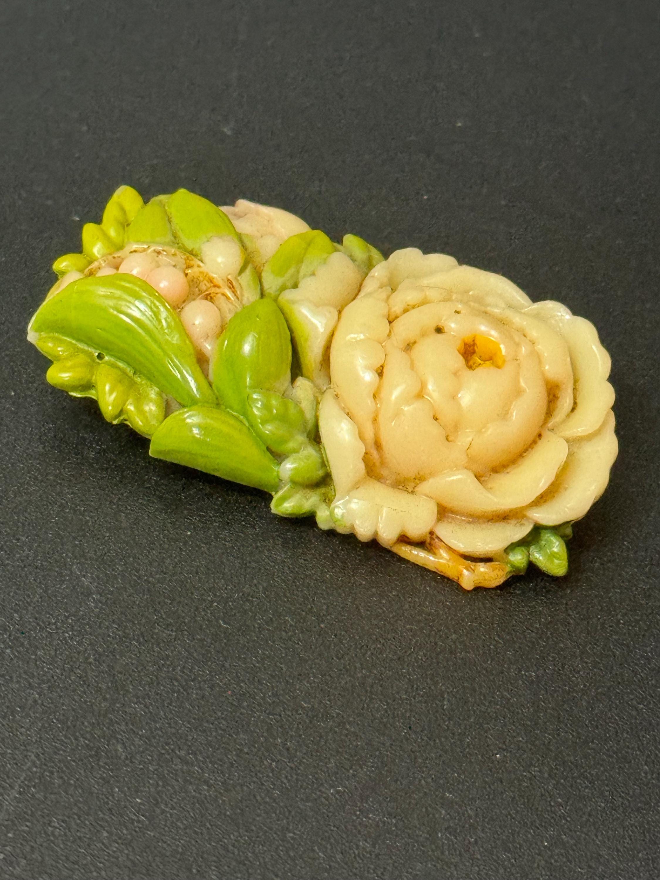 Early Plastic Celluloid Art Deco cream green floral rectangular carved flower brooch