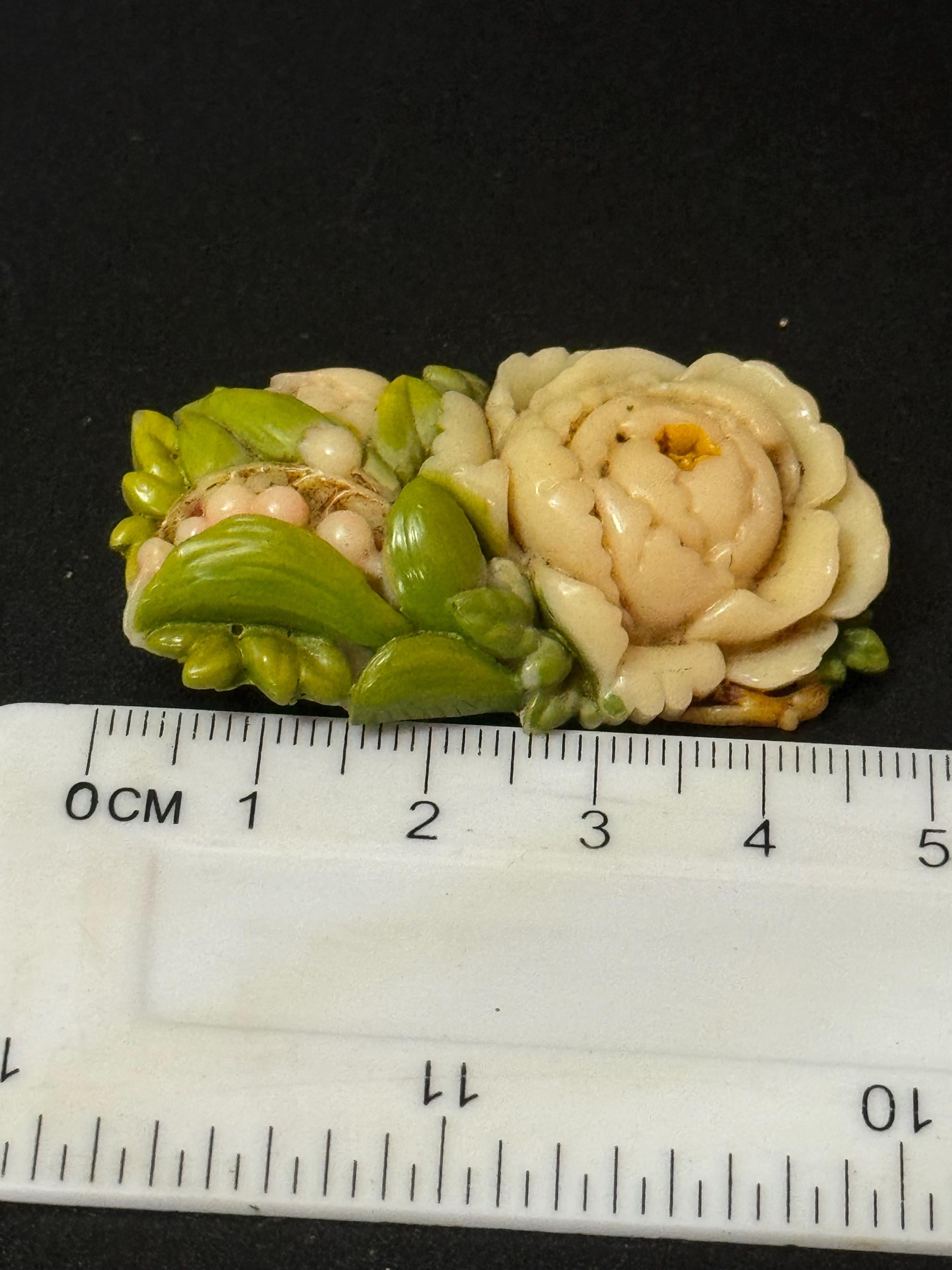 Early Plastic Celluloid Art Deco cream green floral rectangular carved flower brooch