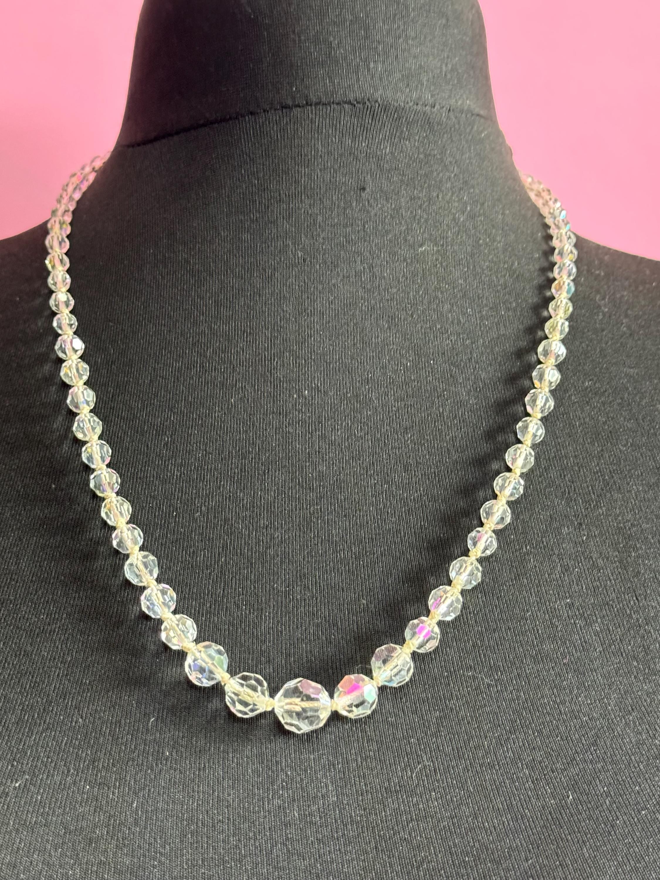 Vintage faceted clear crystal round beaded necklace 64cm art deco as found