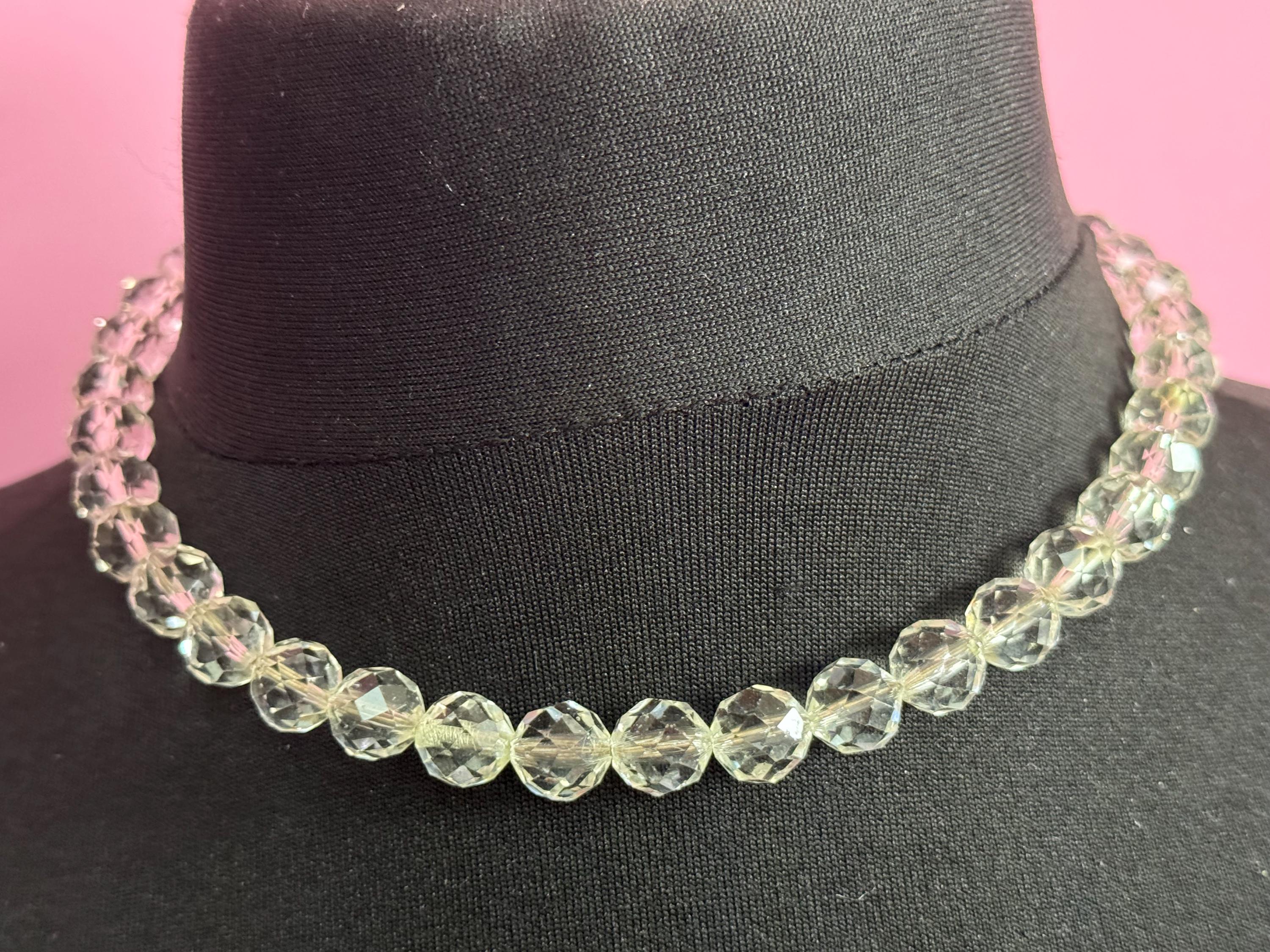 Vintage faceted clear crystal round beaded necklace 45cm art deco as found