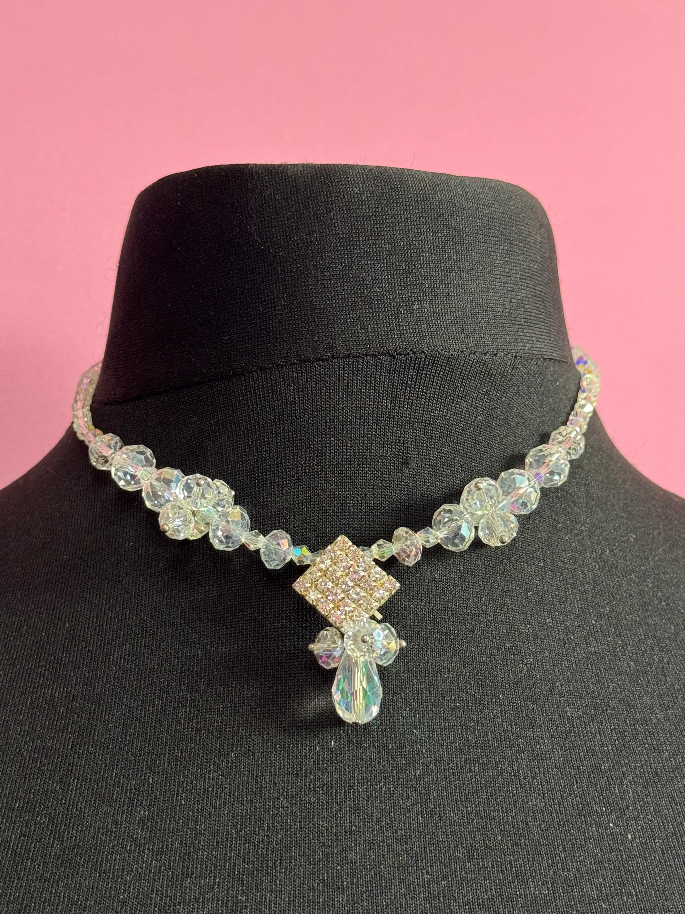 Retro faceted glass single strand bicone beaded clear diamanté crystal drop necklace