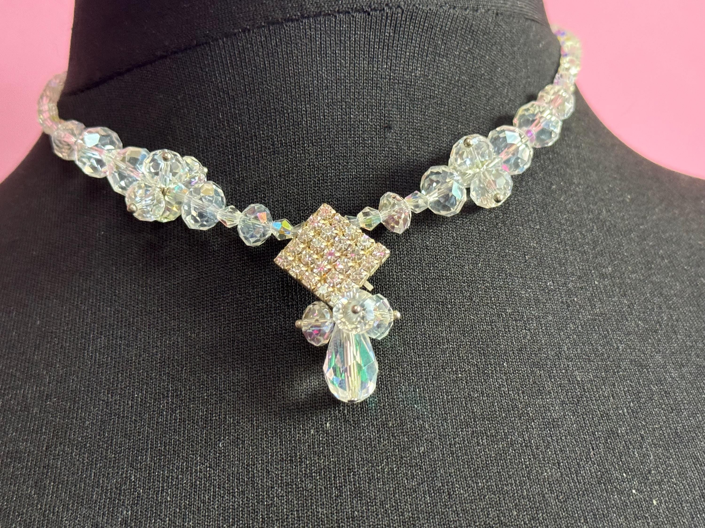 Retro faceted glass single strand bicone beaded clear diamanté crystal drop necklace