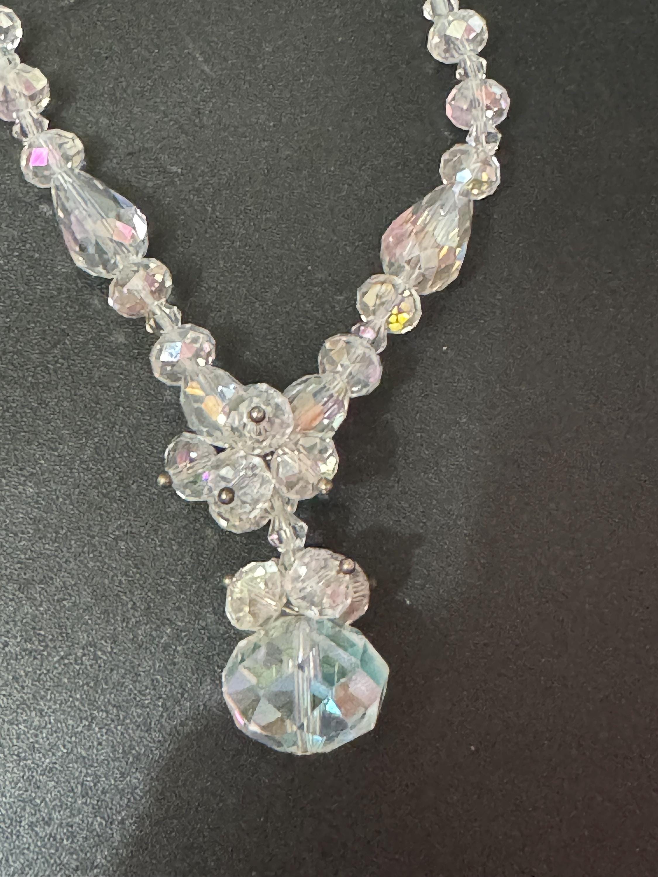 Retro faceted glass single strand bicone beaded clear diamanté crystal drop necklace
