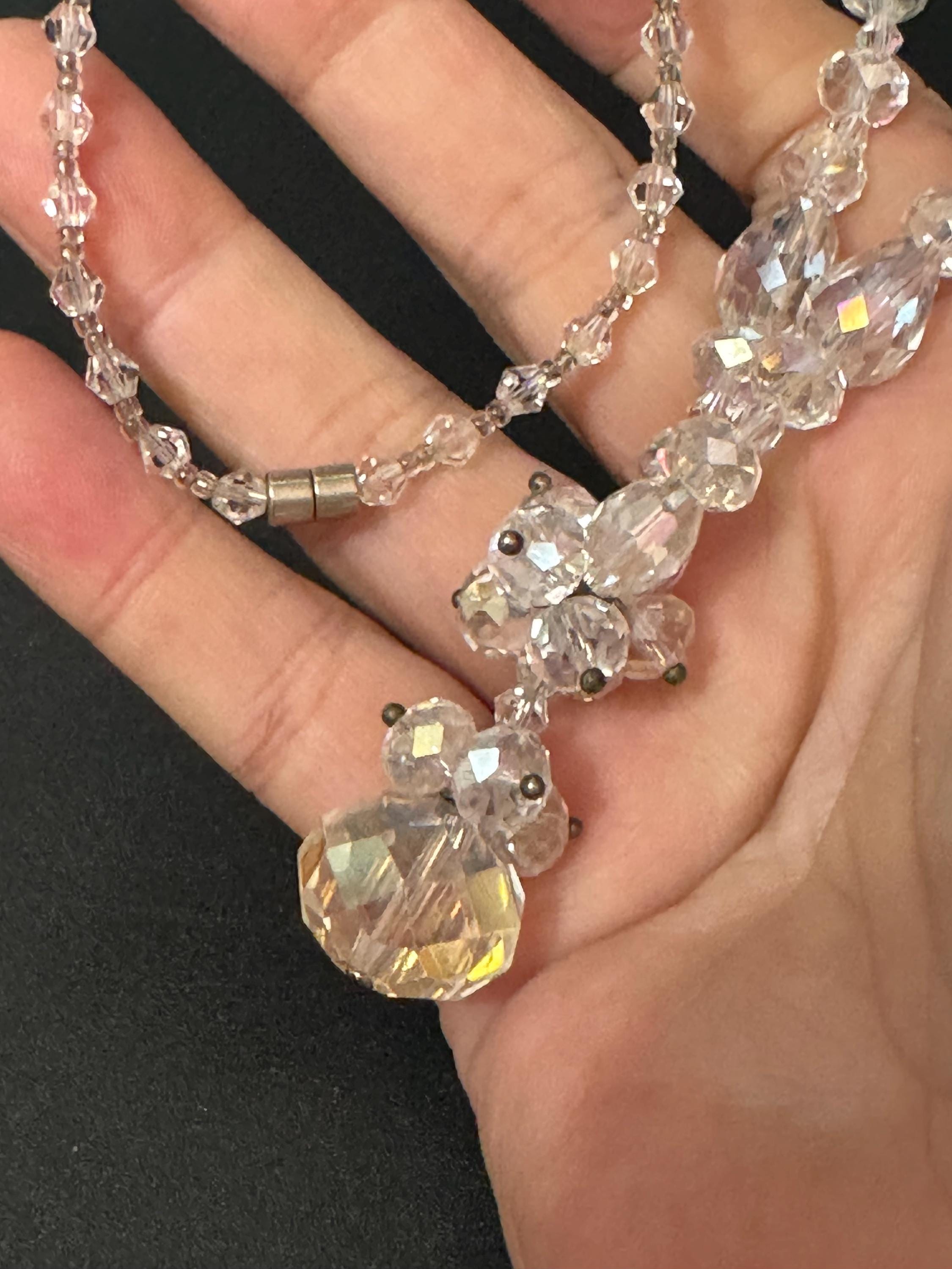 Retro faceted glass single strand bicone beaded clear diamanté crystal drop necklace