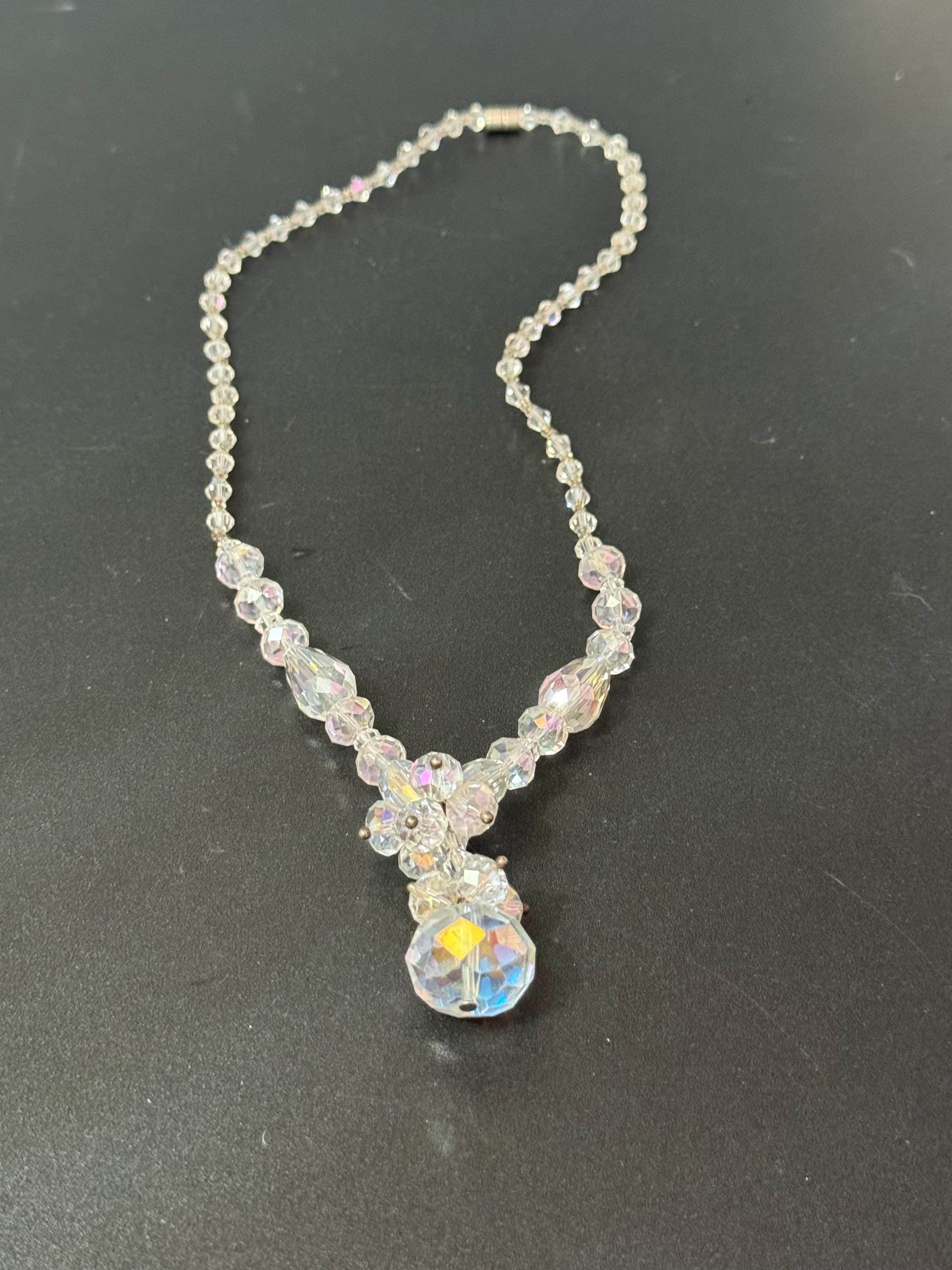 Retro faceted glass single strand bicone beaded clear diamanté crystal drop necklace