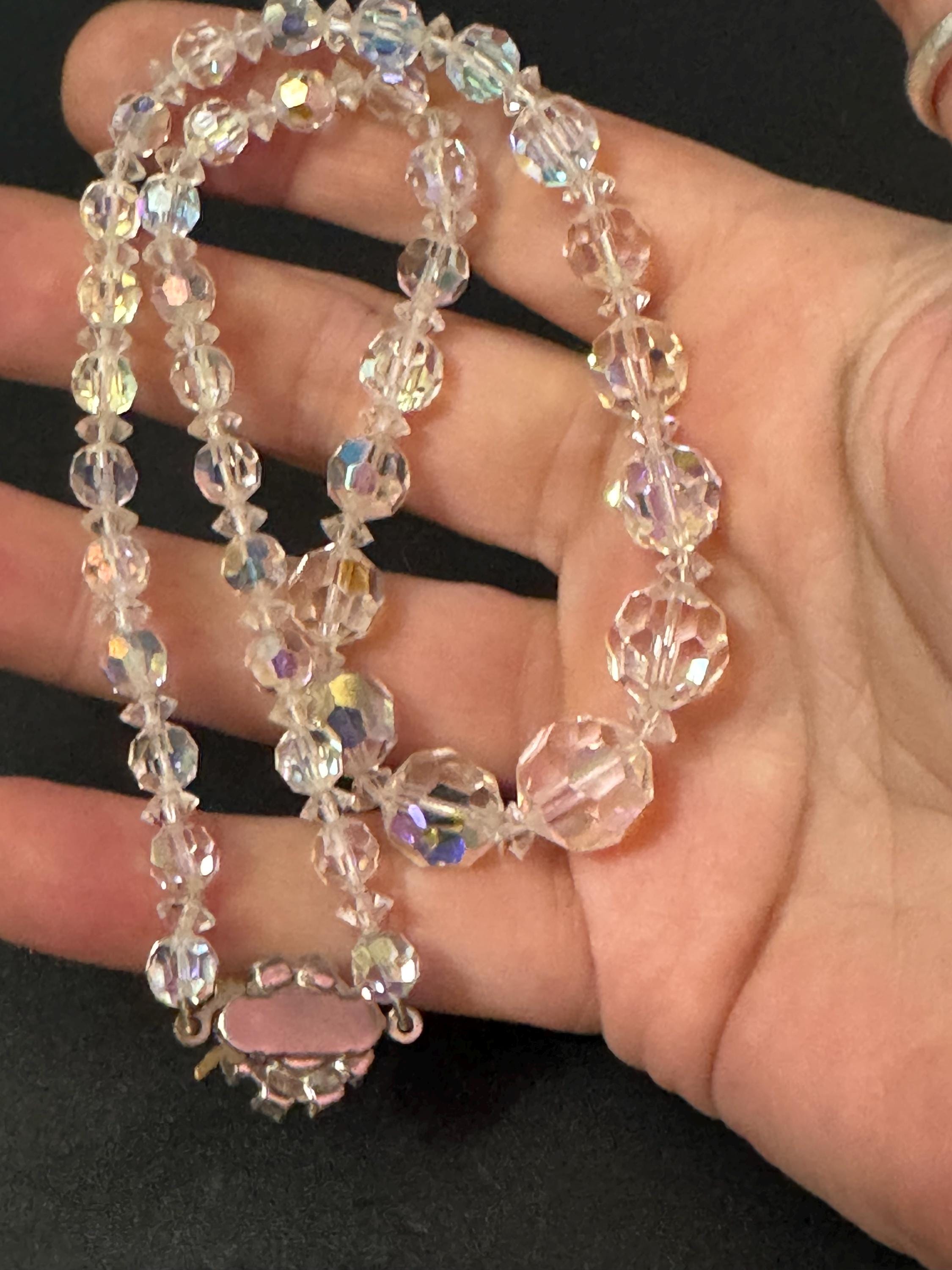 Art Deco clear AB Aurora borealis glass Crystal beaded necklace choker 41cm