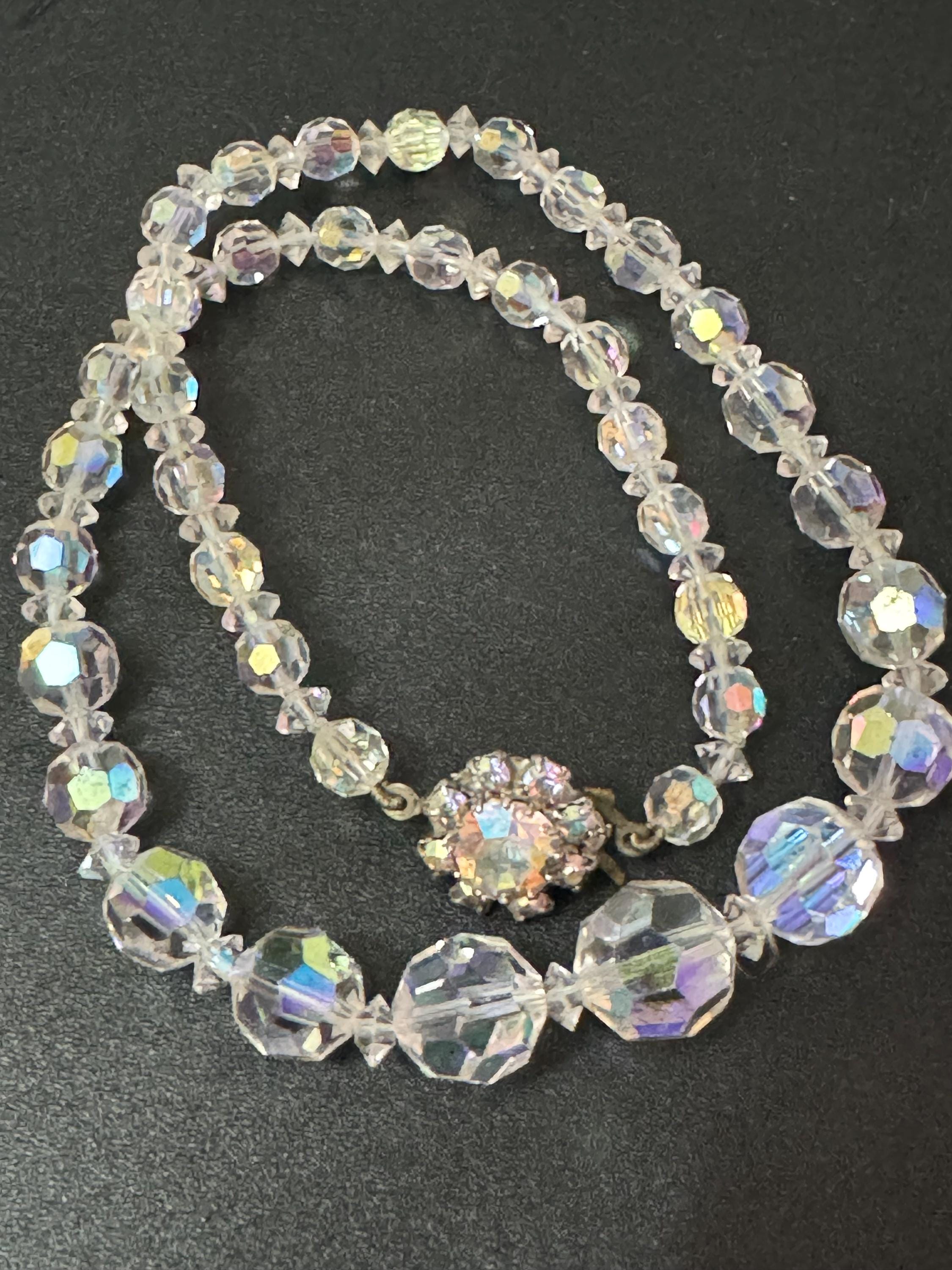 Art Deco clear AB Aurora borealis glass Crystal beaded necklace choker 41cm
