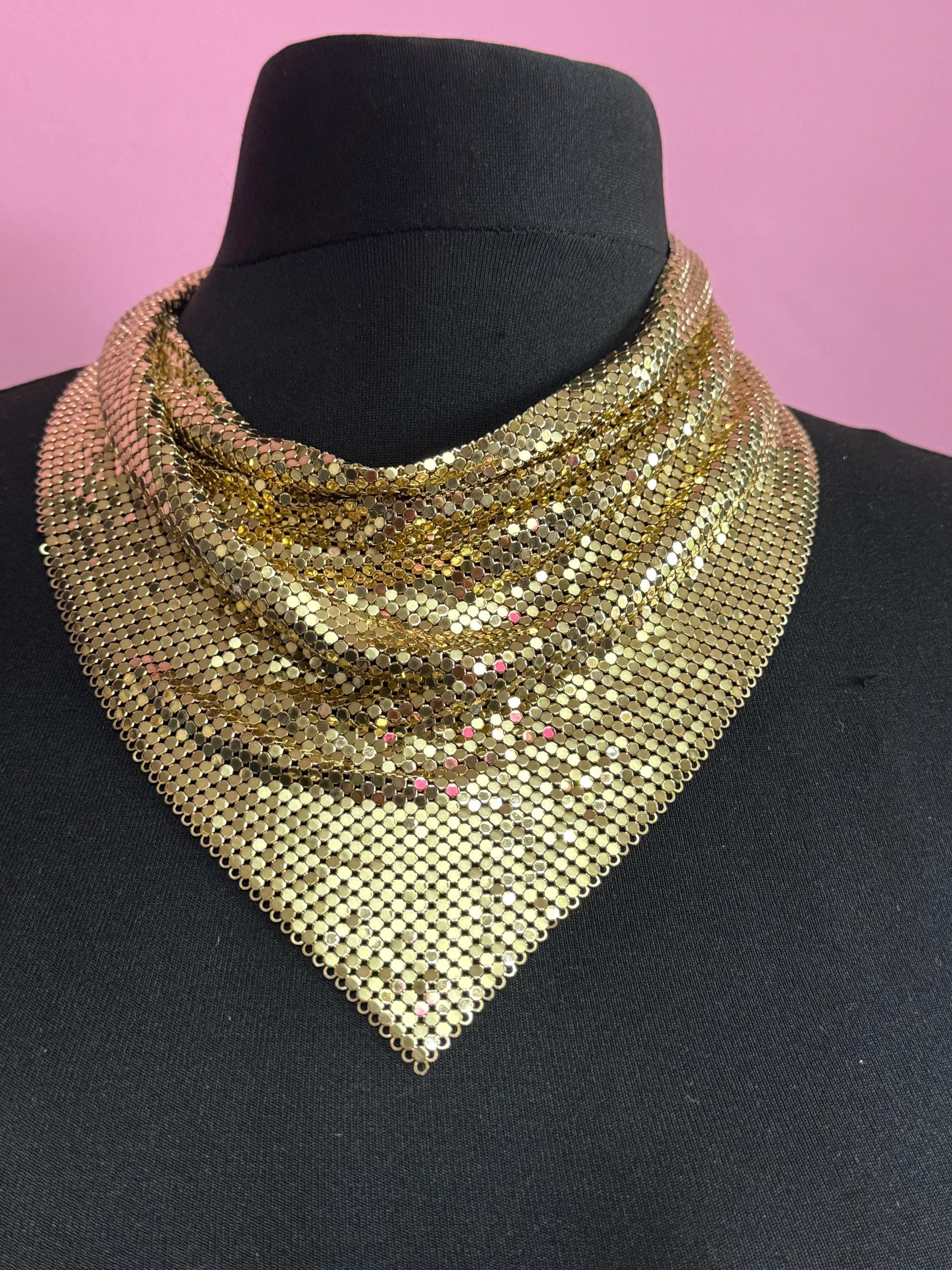 Vintage signed whiting and Davis gold mesh choker bib necklace and free earrings