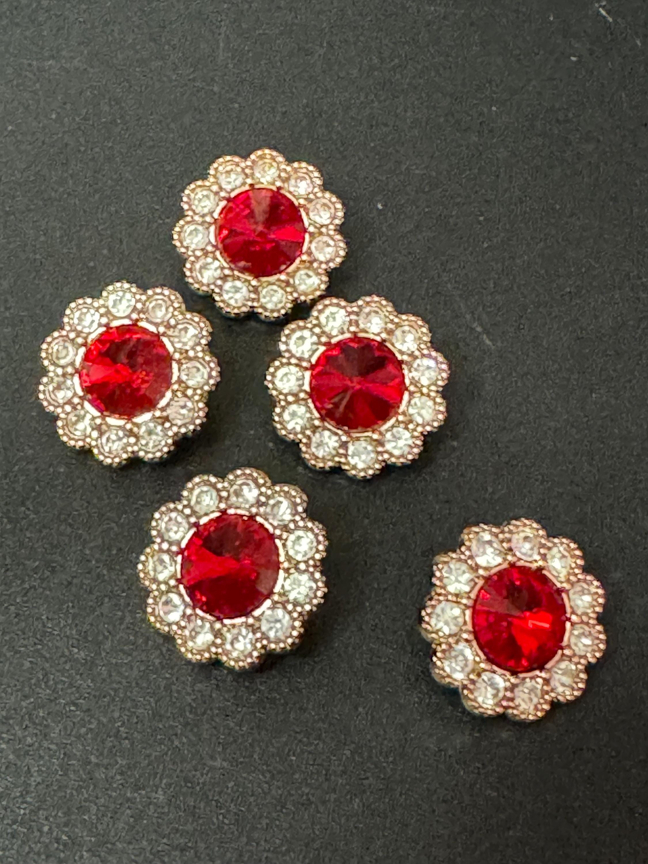 20mm clear and ruby red Rivoli Crystal glass flower buttons, pack of 5, gold tone metal