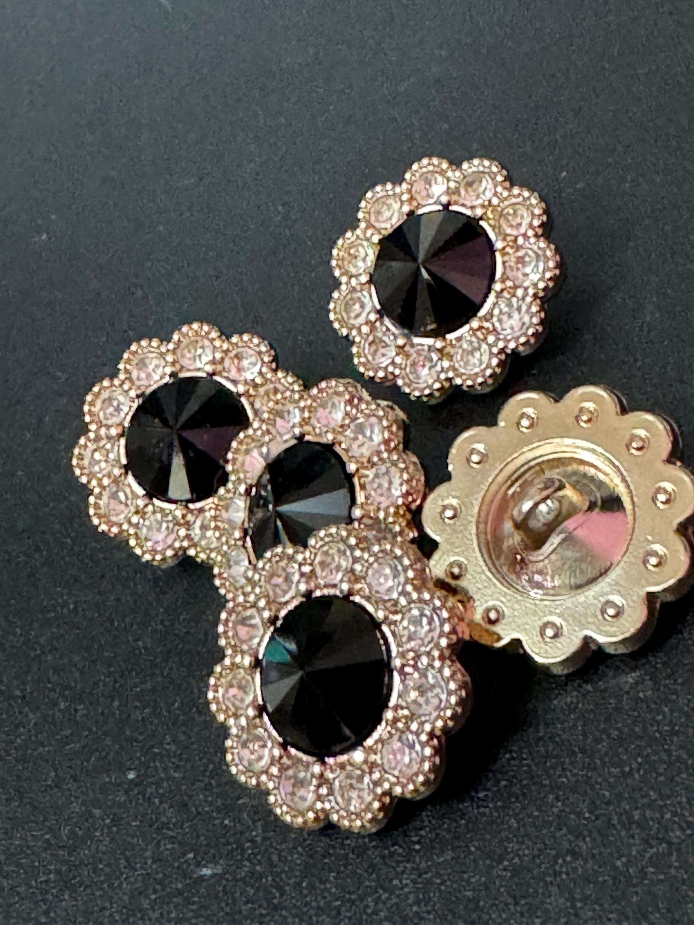 20mm clear and black Rivoli Crystal glass flower buttons, pack of 5, gold tone metal