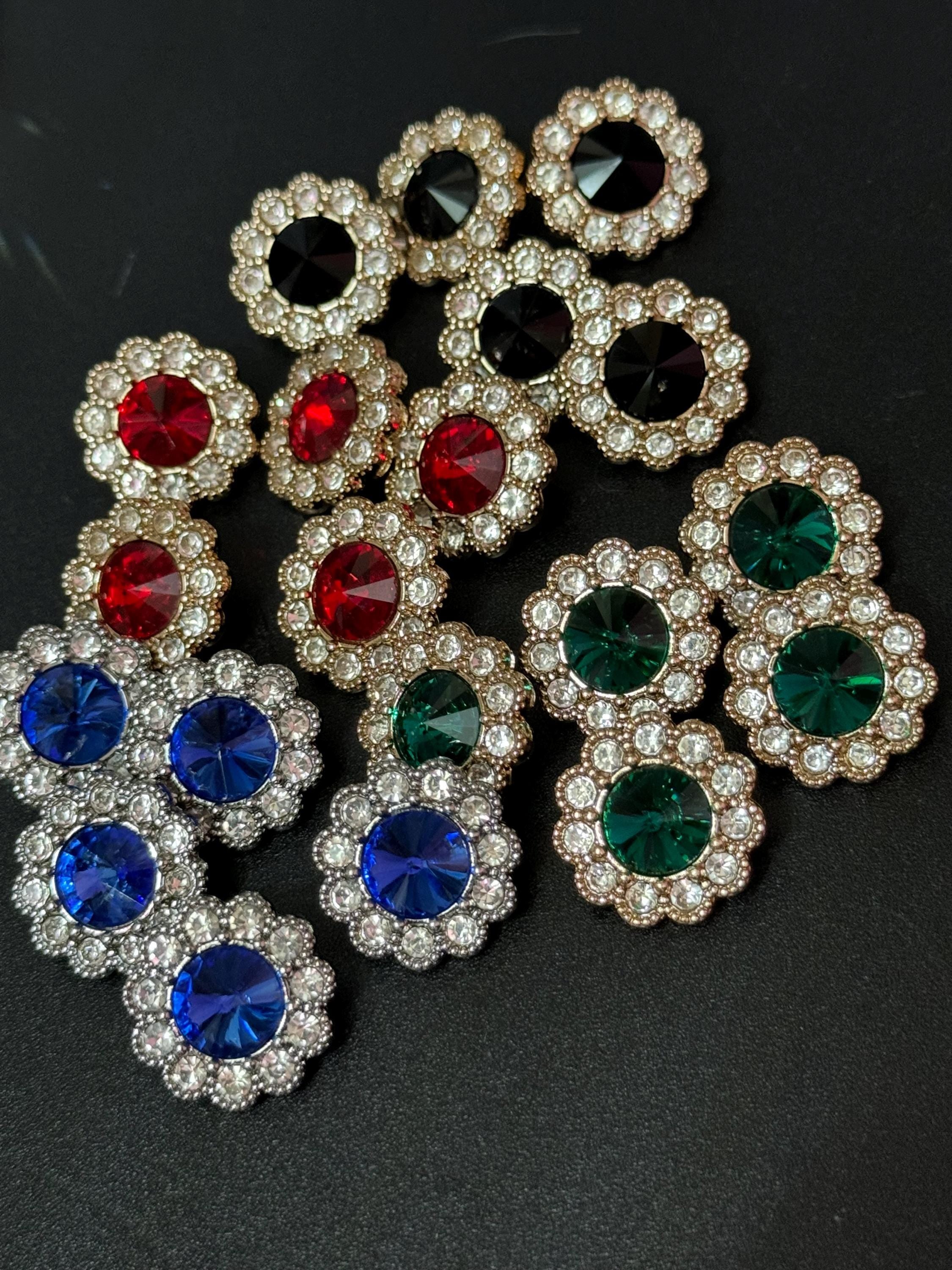 20mm clear and black Rivoli Crystal glass flower buttons, pack of 5, gold tone metal