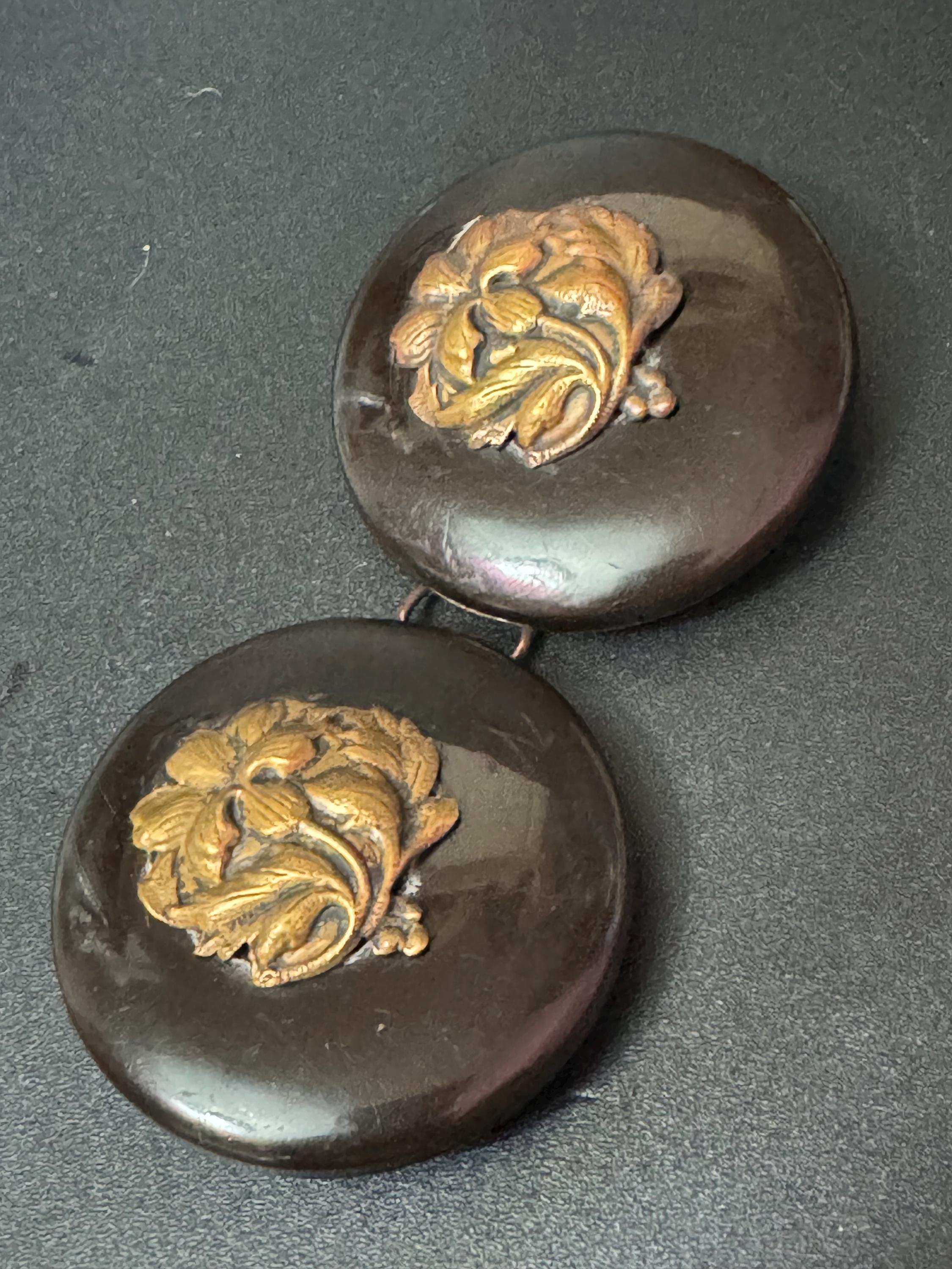 True Art Deco 2 part BLACK gold floral early celluloid plastic belt buckle