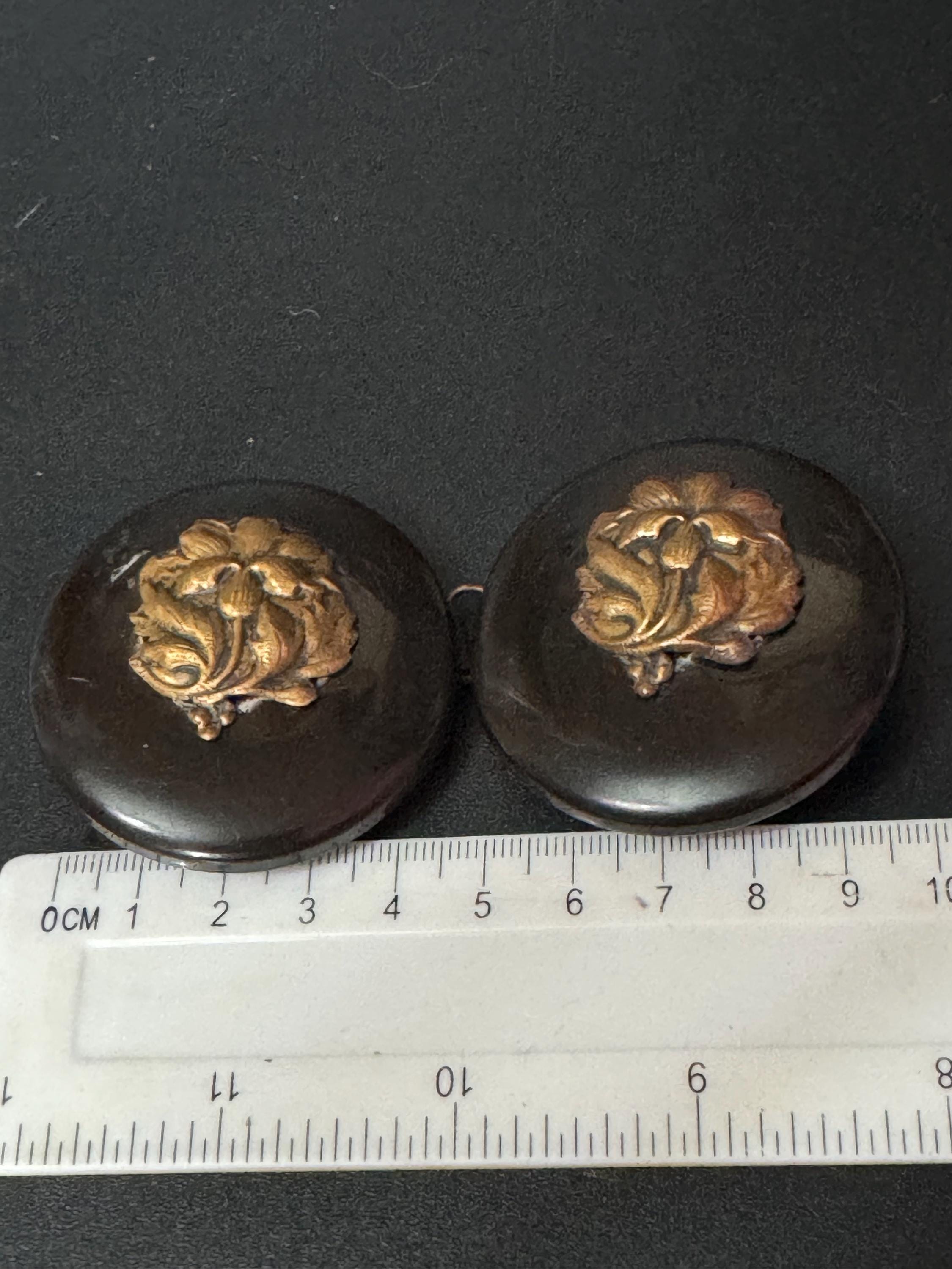 True Art Deco 2 part BLACK gold floral early celluloid plastic belt buckle