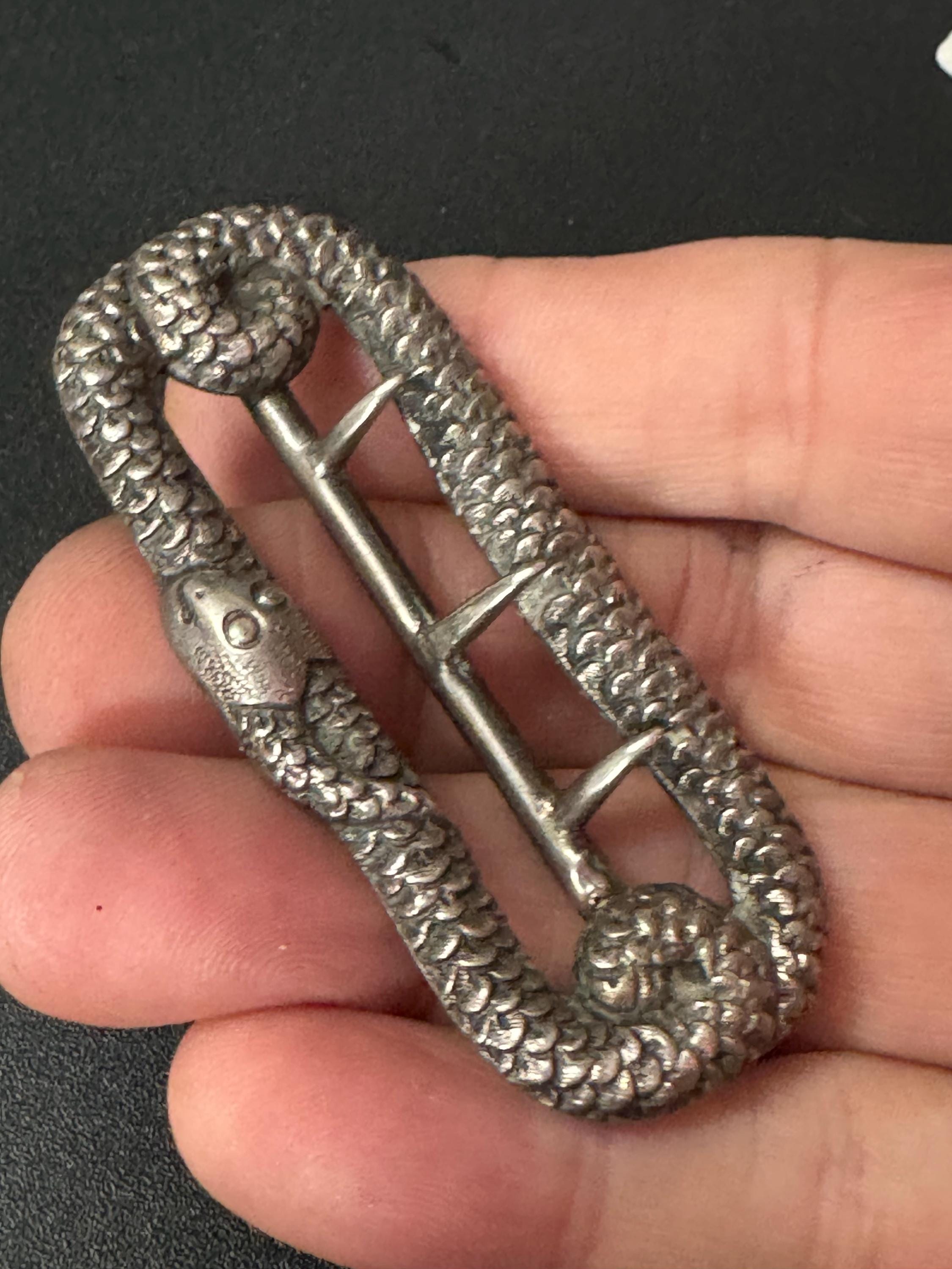 Antique Georgian 7cm  x 3cm 1900s unmarked silver tone SNAKE serpent metal belt buckle
