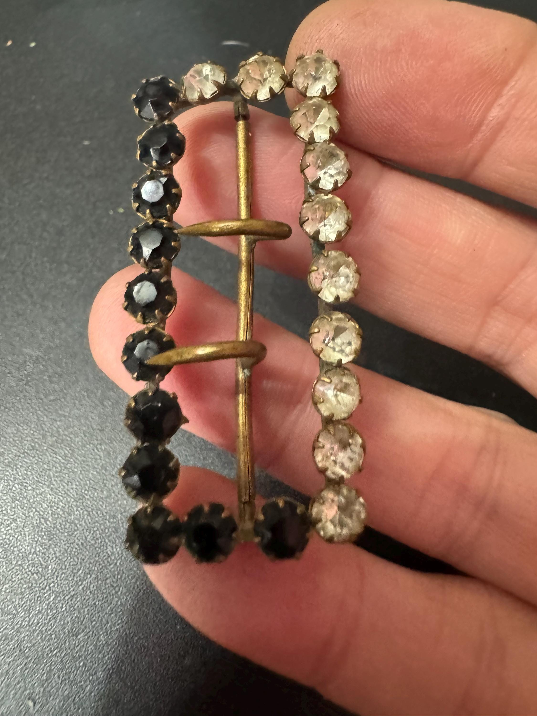 Antique Georgian 1800s 2 prong Claw Set Clear and black Glass Diamanté Belt Buckle
