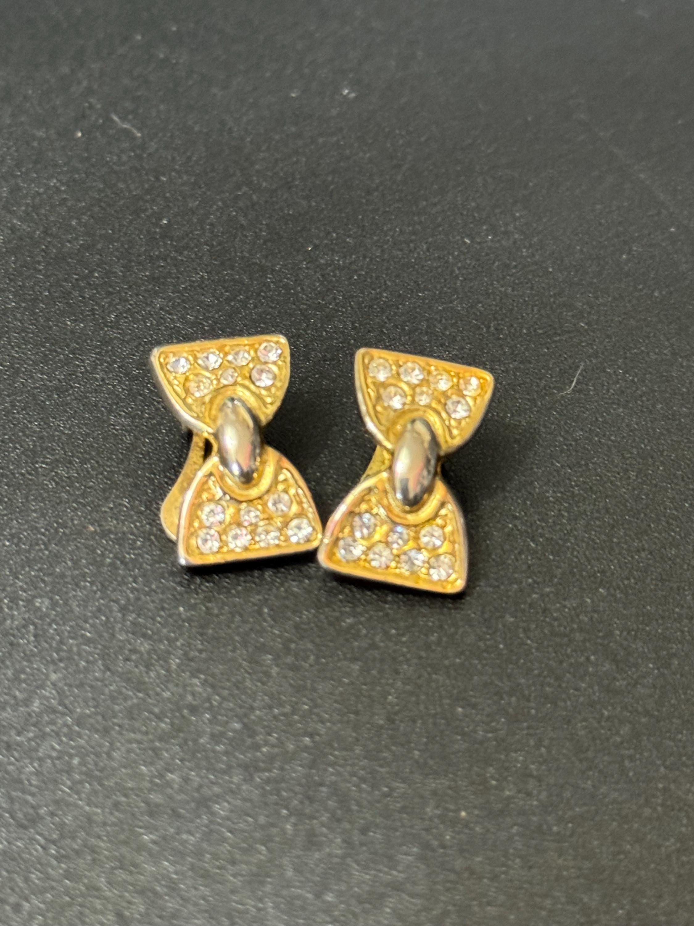 Small clear Diamanté paste gold tone bow shaped Clip On Earrings