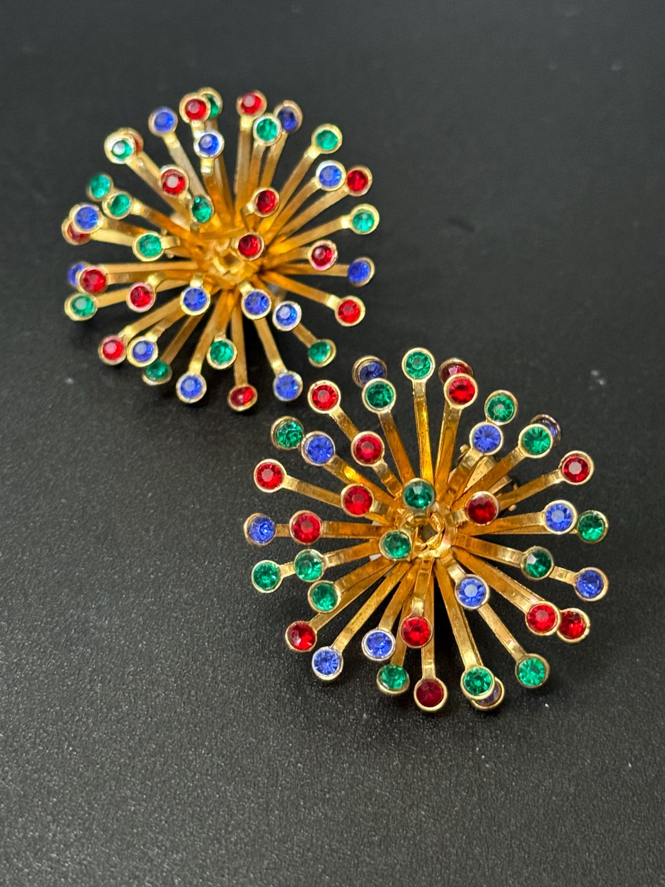 Vintage Oversized rainbow diamanté Clip On atomic starburst clip on Earrings gold Tone