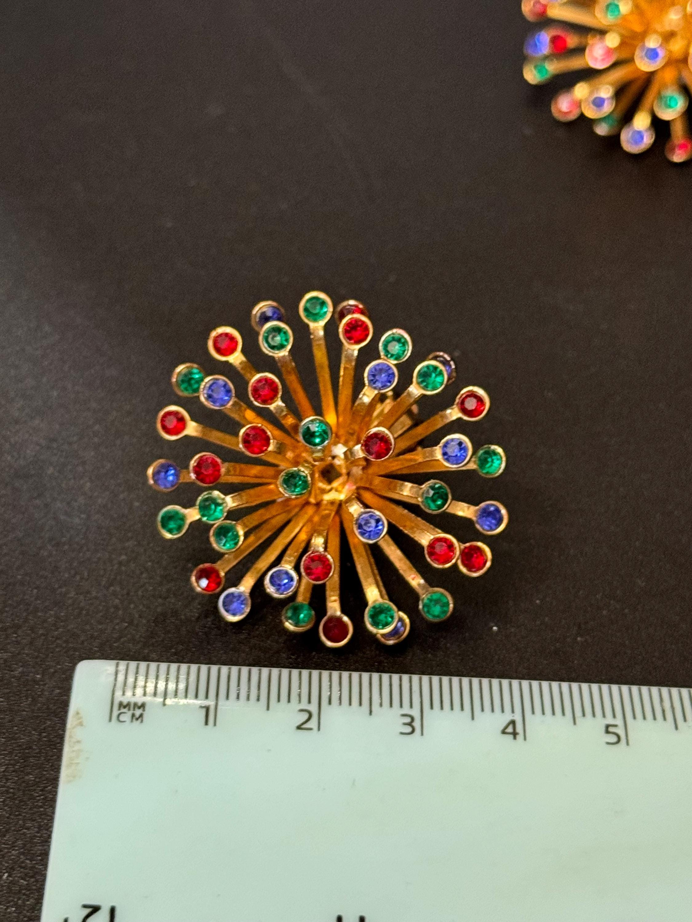 Vintage Oversized rainbow diamanté Clip On atomic starburst clip on Earrings gold Tone