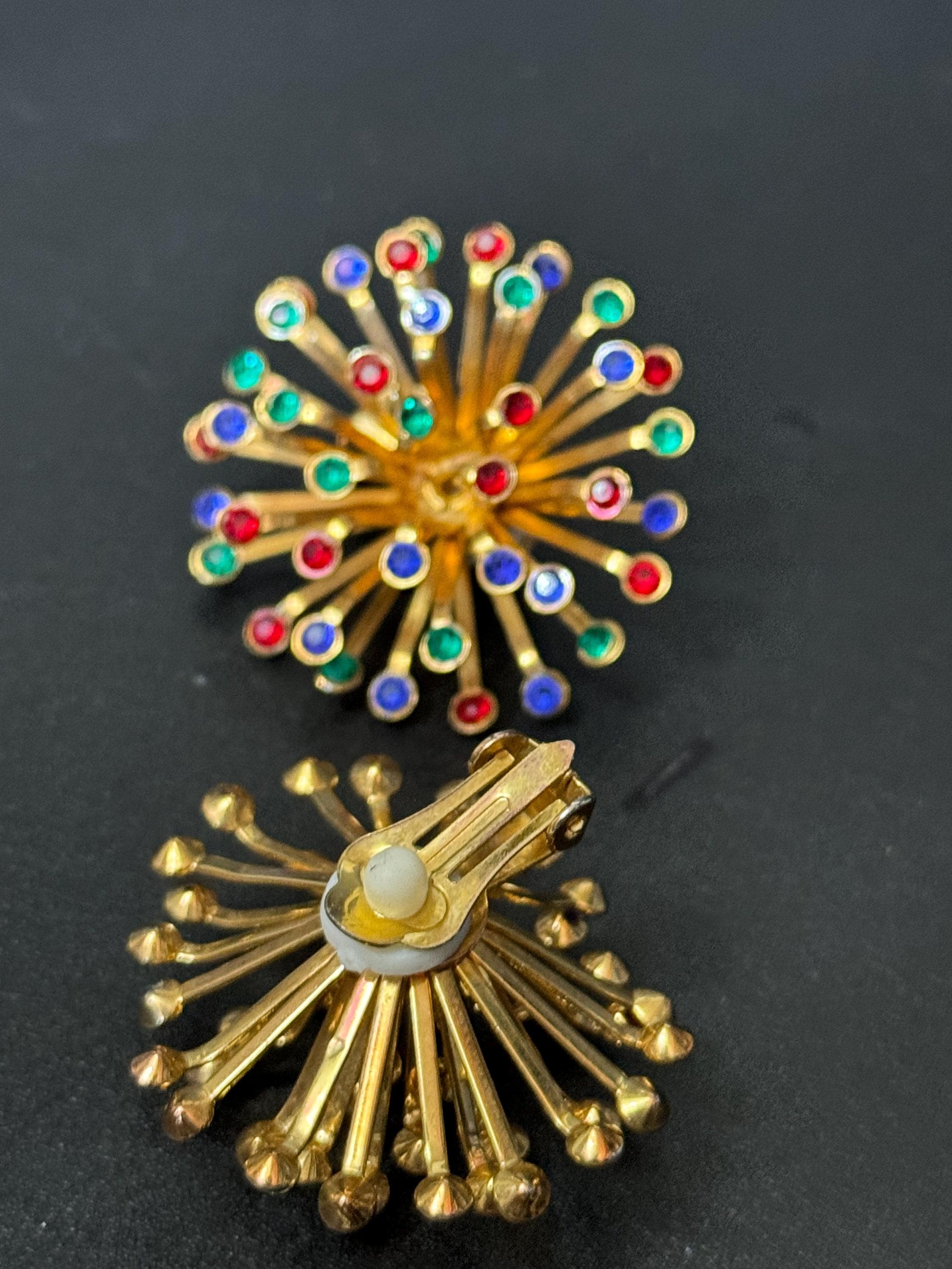 Vintage Oversized rainbow diamanté Clip On atomic starburst clip on Earrings gold Tone