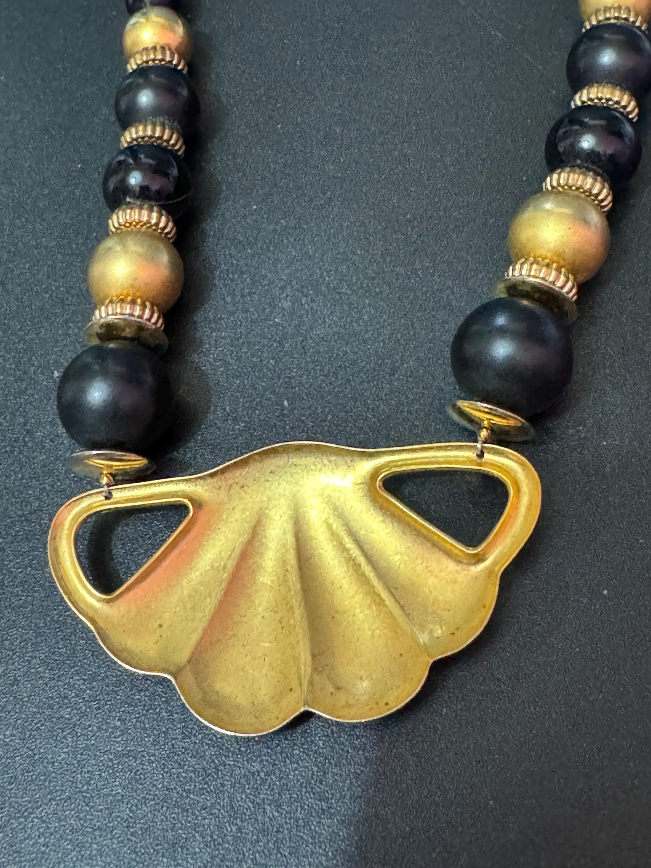 Vintage Matt gold tone Etruscan black beaded choker Necklace