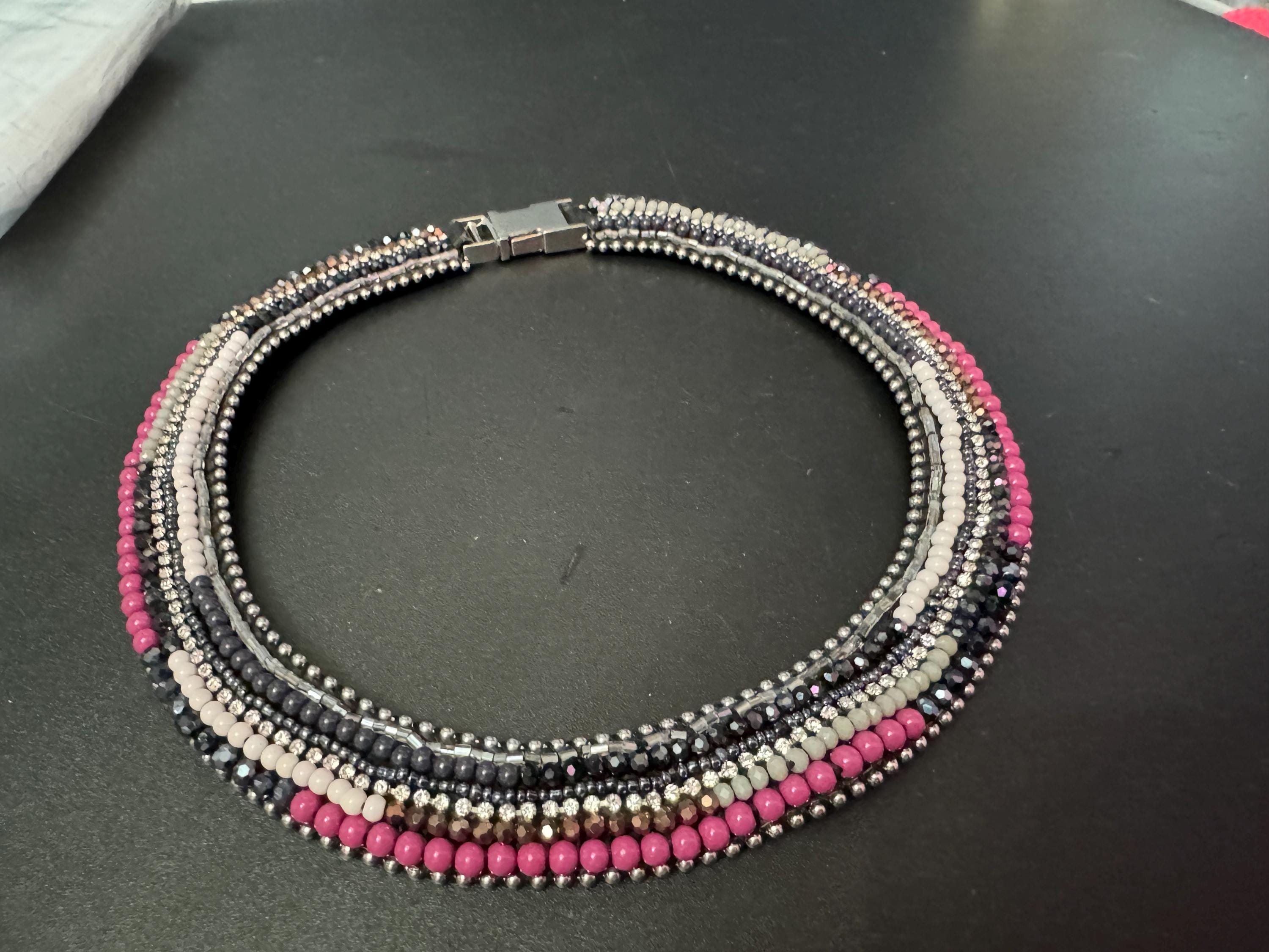 Retro black white purple and silver beaded Egyptian choker necklace with clear crystals