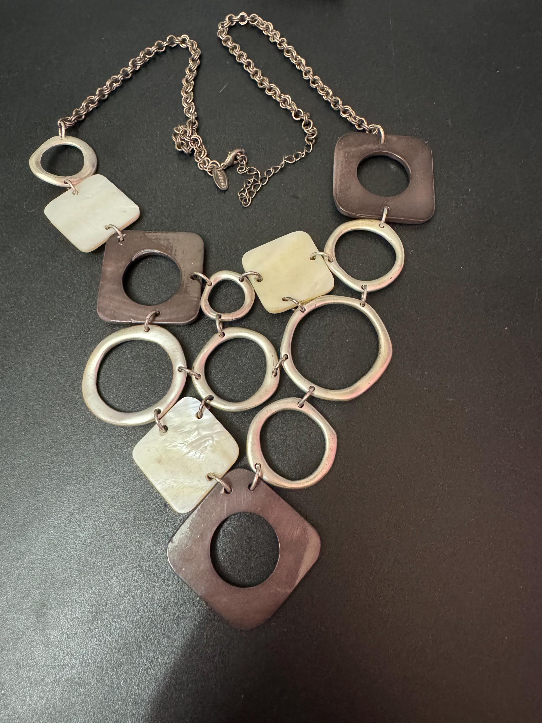 Signed JAEGER statement bib necklace with mother of pearl and wooden panels