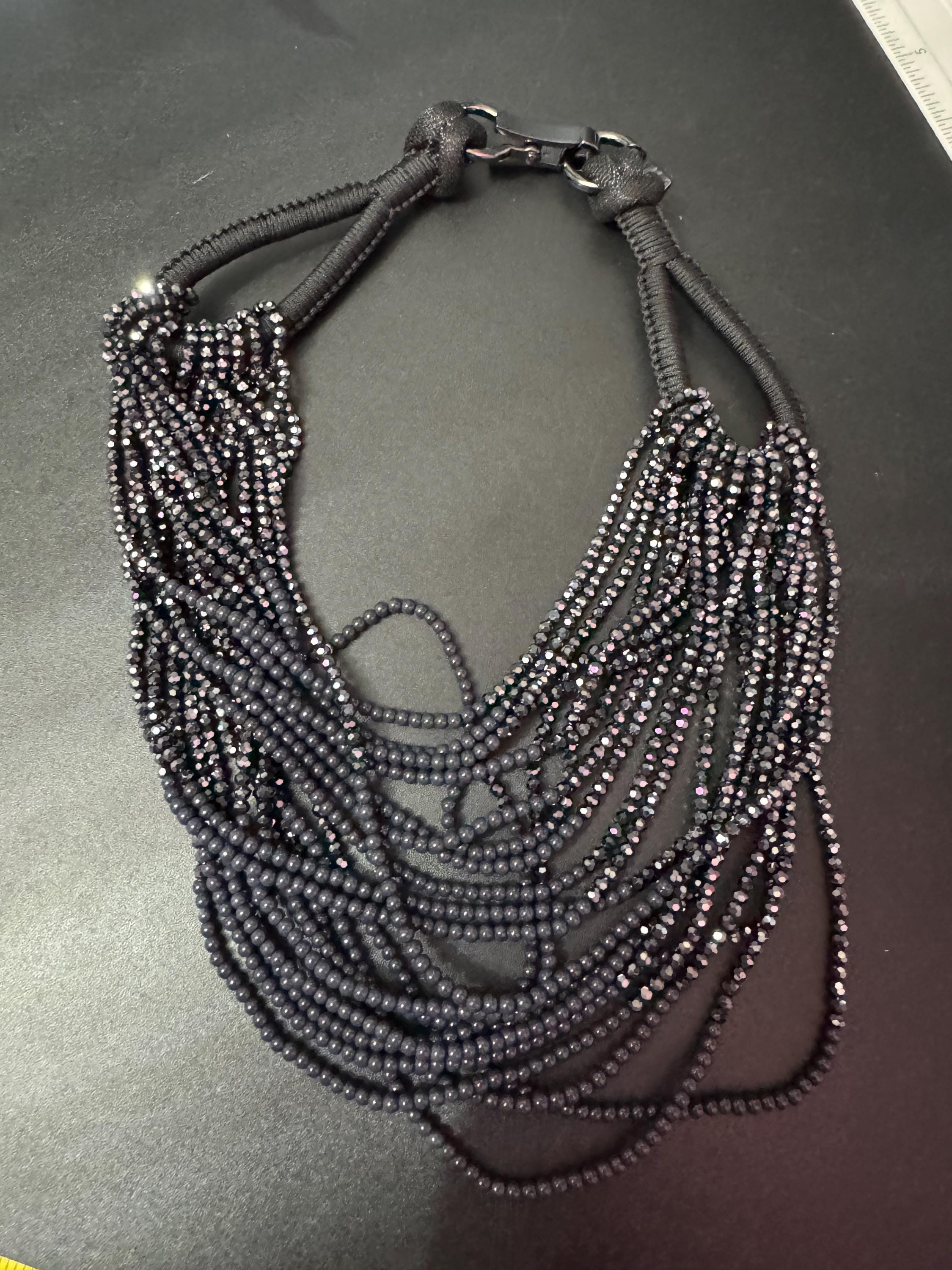 signed statement grey black faceted glass beaded wide bib Multistrand choker necklace