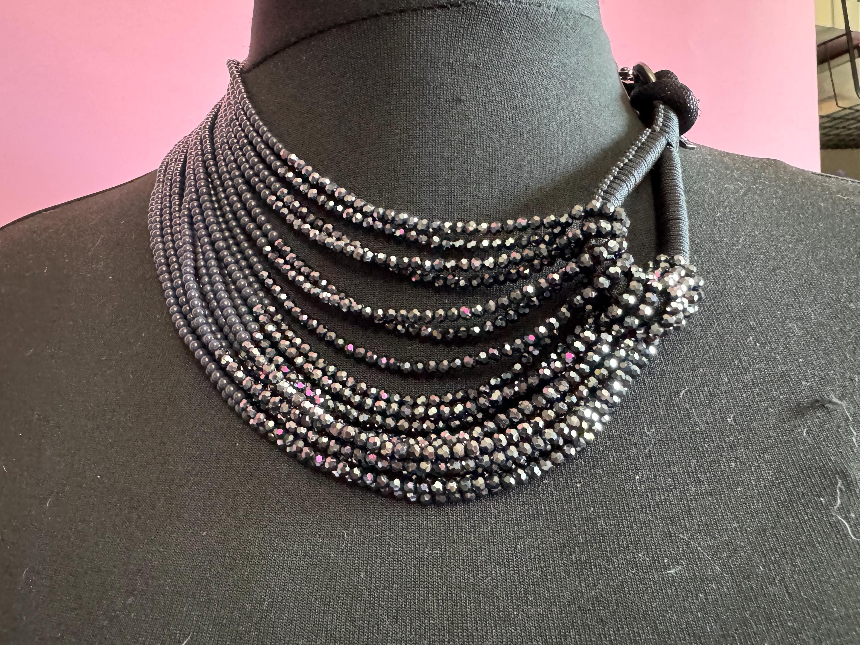 signed statement grey black faceted glass beaded wide bib Multistrand choker necklace