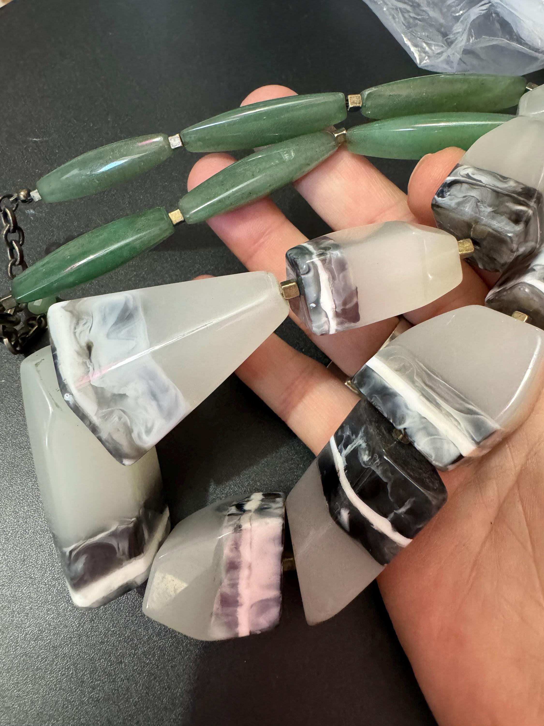 Oversized Aventurine Green gemstone and Resin Modernist chunky Statement Necklace
