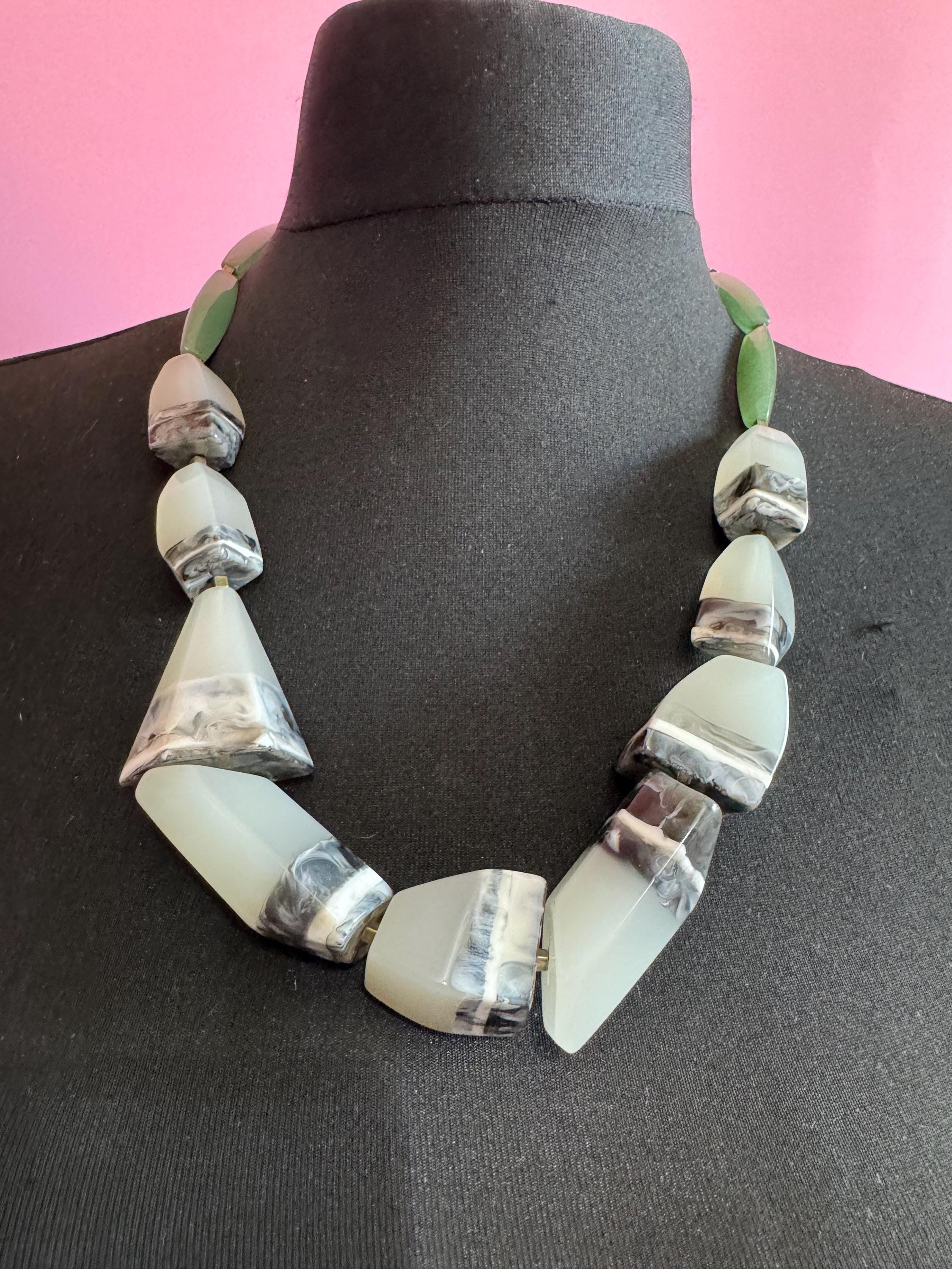 Oversized Aventurine Green gemstone and Resin Modernist chunky Statement Necklace