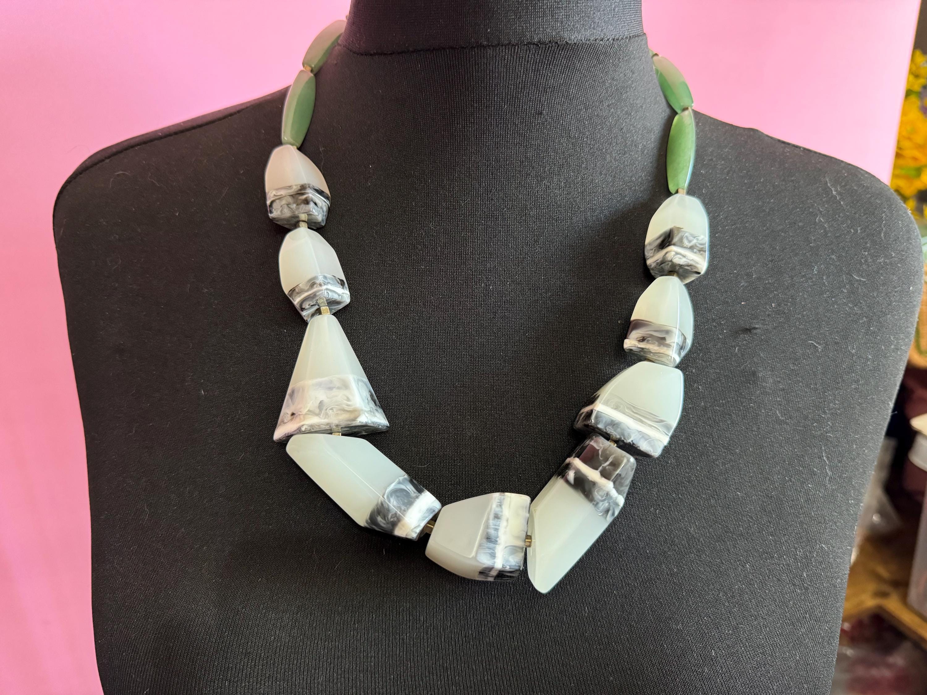 Oversized Aventurine Green gemstone and Resin Modernist chunky Statement Necklace