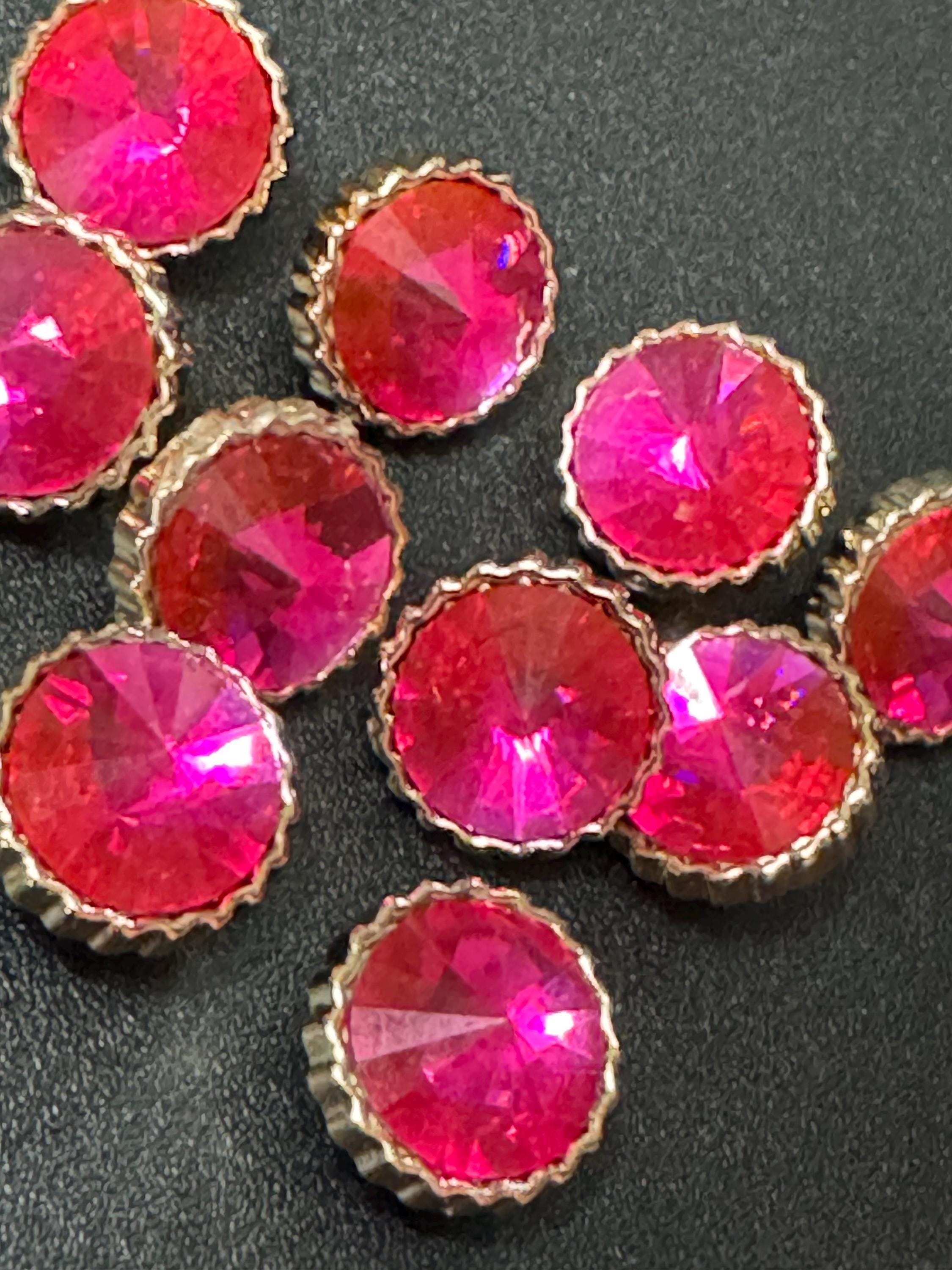 10 bright pink Rivoli diamond acrylic crystal plastic buttons, 12mm, gold tone
