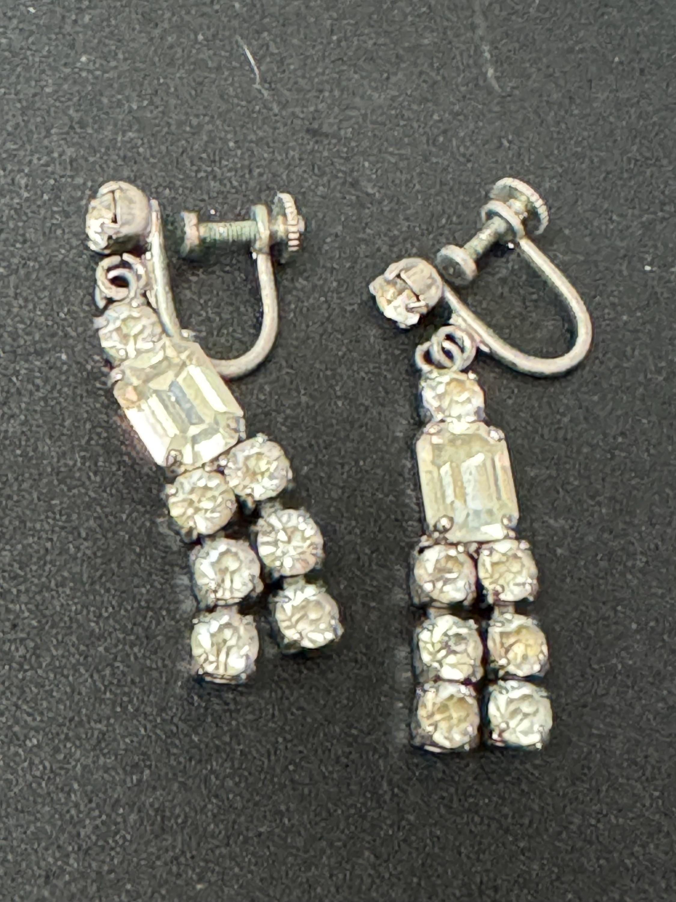 Vintage clear Diamanté Paste long Clip On Drop Earrings screw back