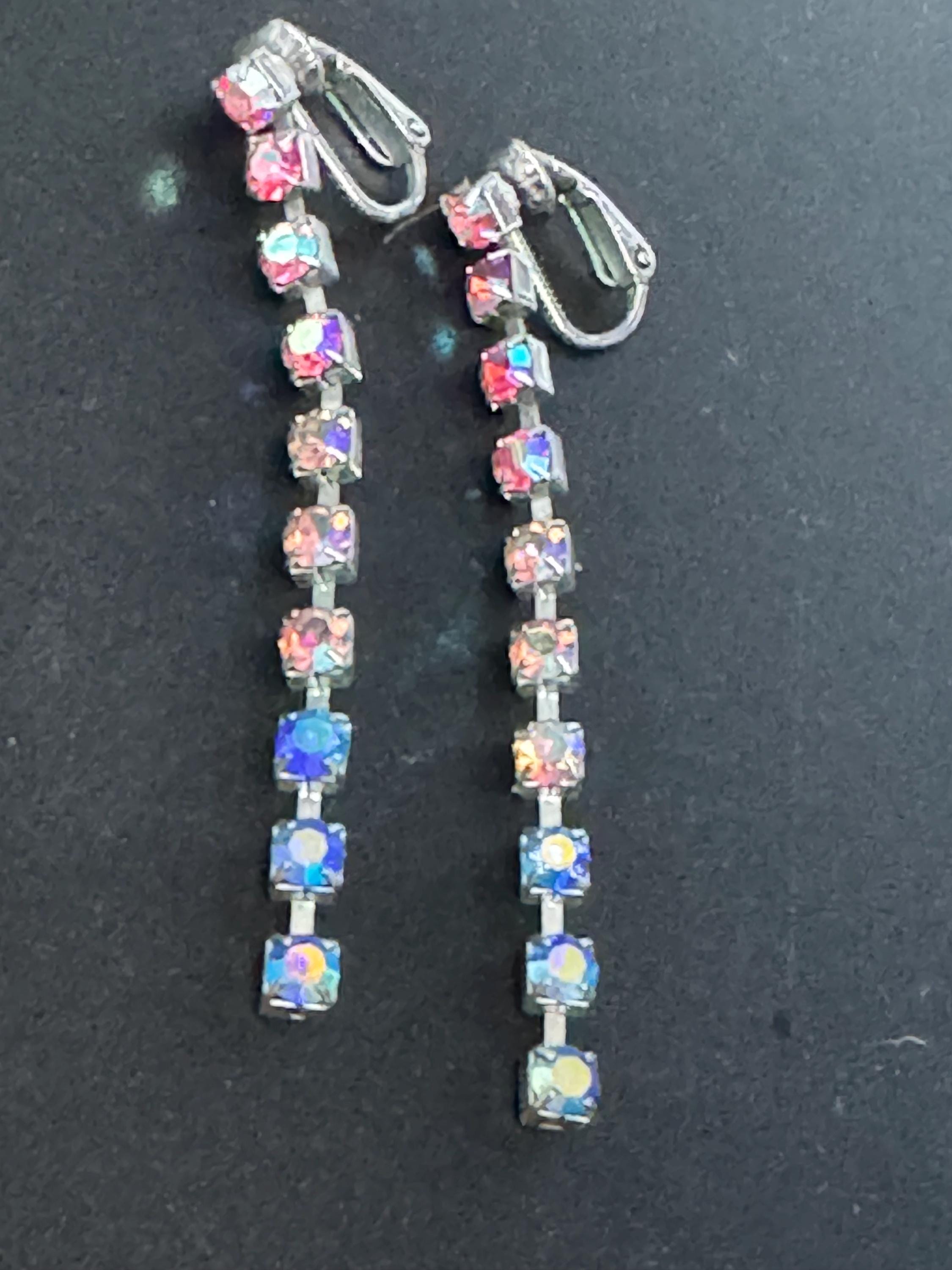 Vintage aurora borealis AB rainbow Diamanté Paste long Clip On Drop Earrings