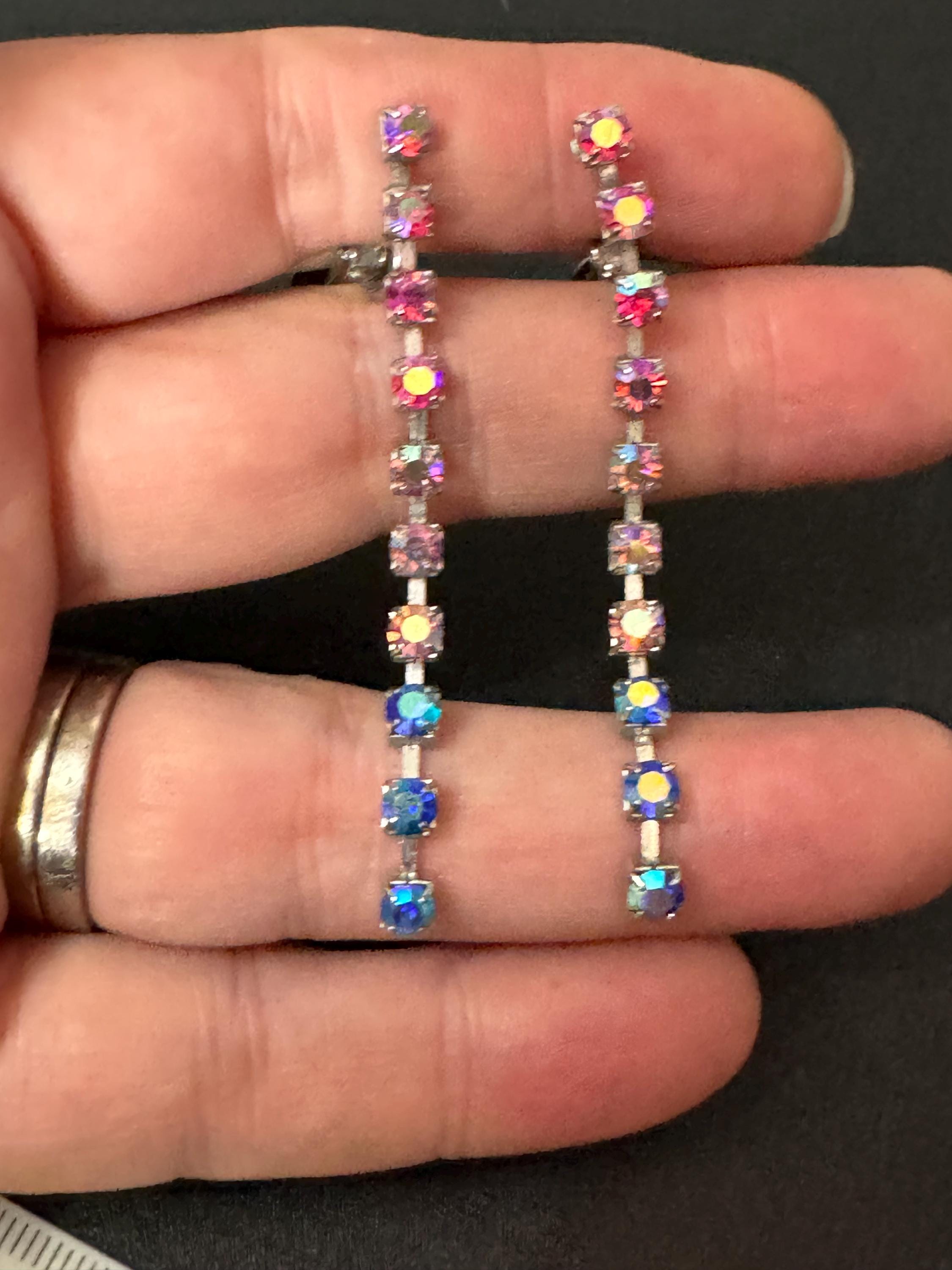 Vintage aurora borealis AB rainbow Diamanté Paste long Clip On Drop Earrings