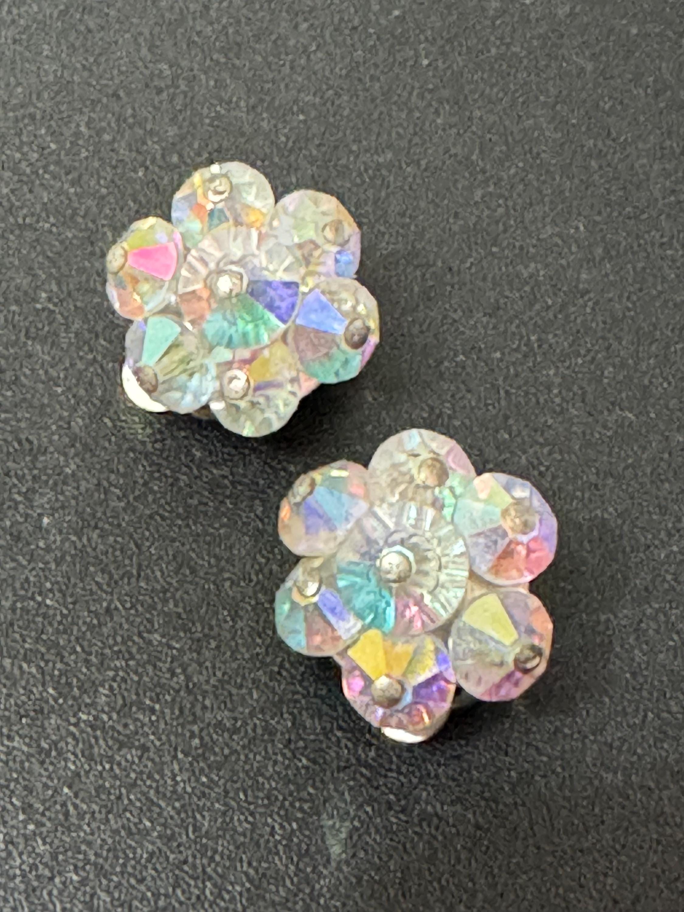 Small Vintage clear rainbow AB lustre glass beaded Cluster Clip On Earrings