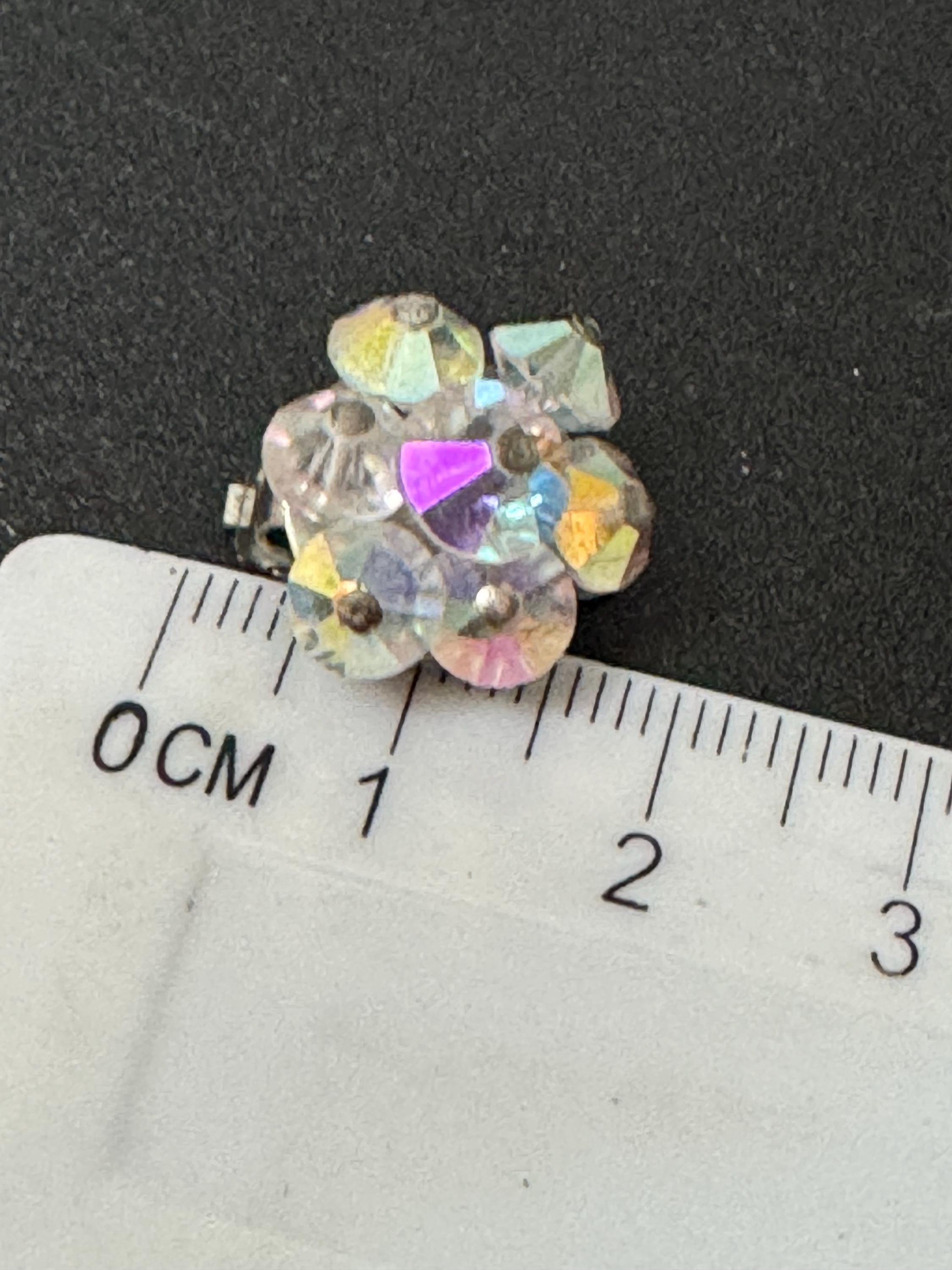 Small Vintage clear rainbow AB lustre glass beaded Cluster Clip On Earrings