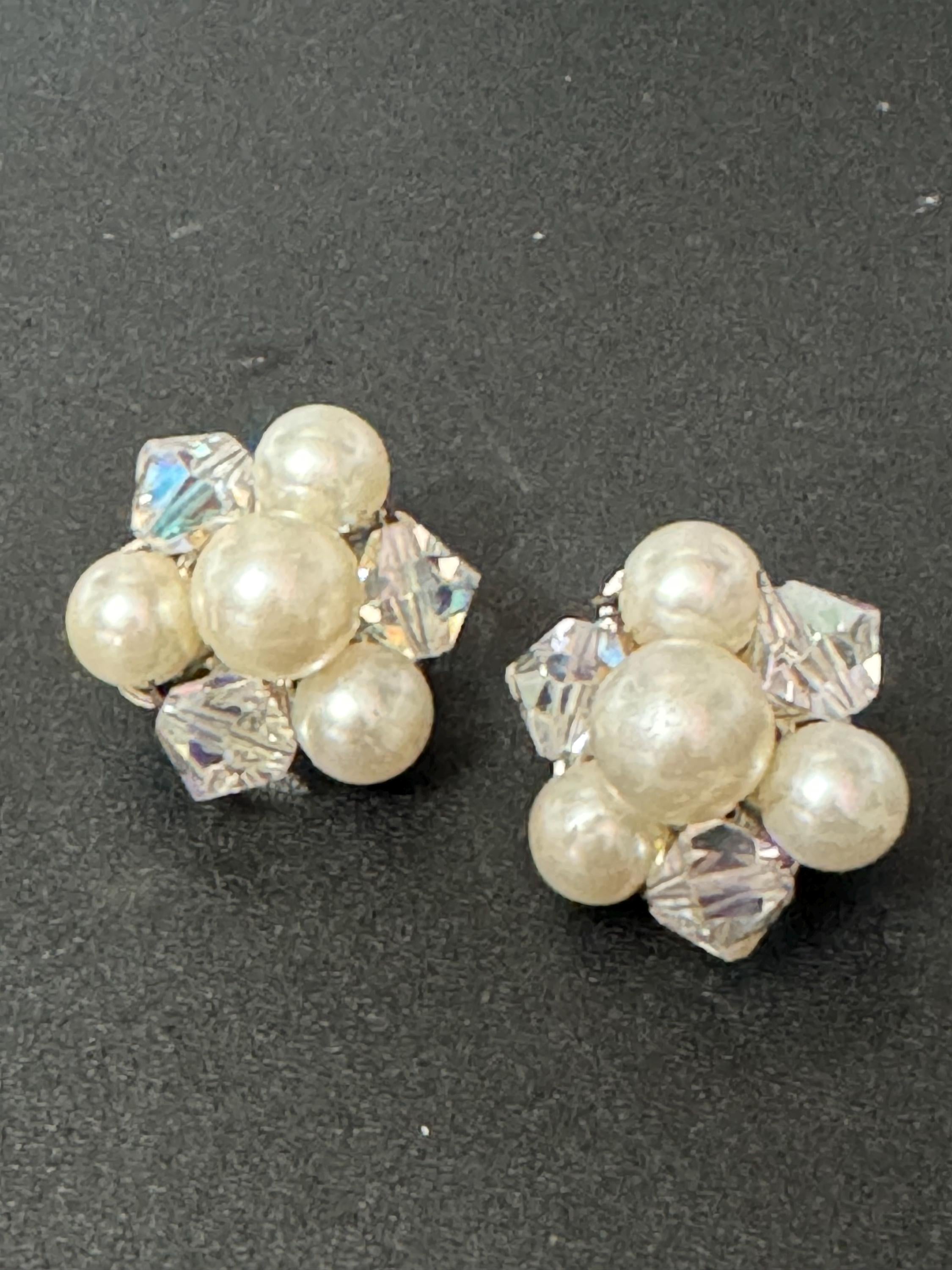 Small Vintage 1950s rainbow AB glass faux Pearl beaded Cluster Clip On Earrings