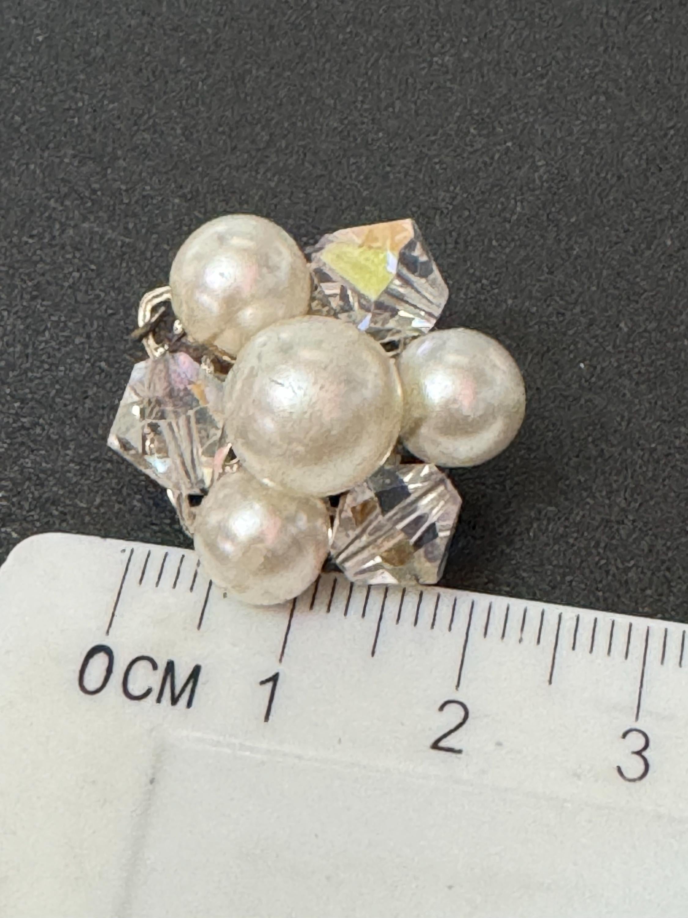 Small Vintage 1950s rainbow AB glass faux Pearl beaded Cluster Clip On Earrings